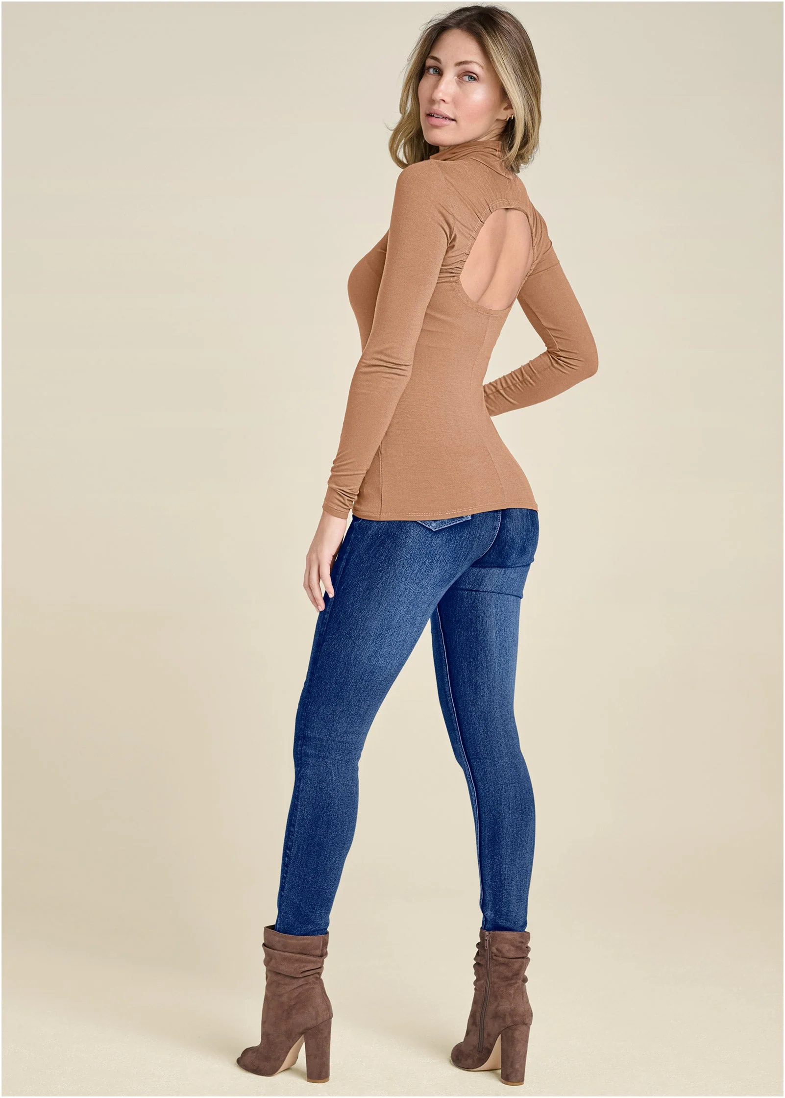 Back Cut-Out Casual Top - Camel - Image 2