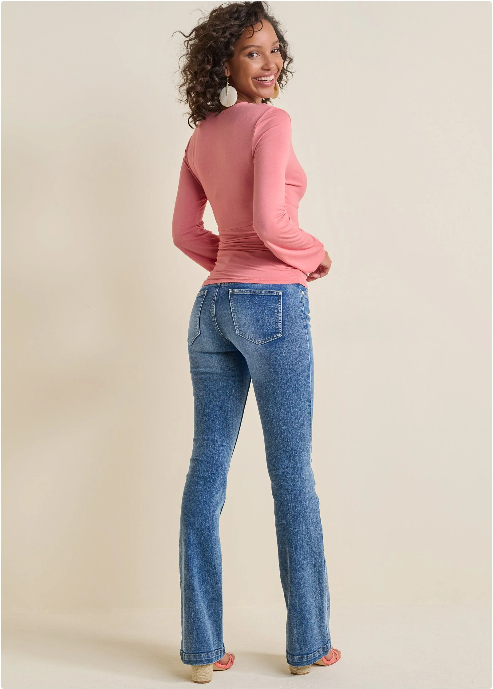 Ruched V-Neck Top - Coral - Image 3