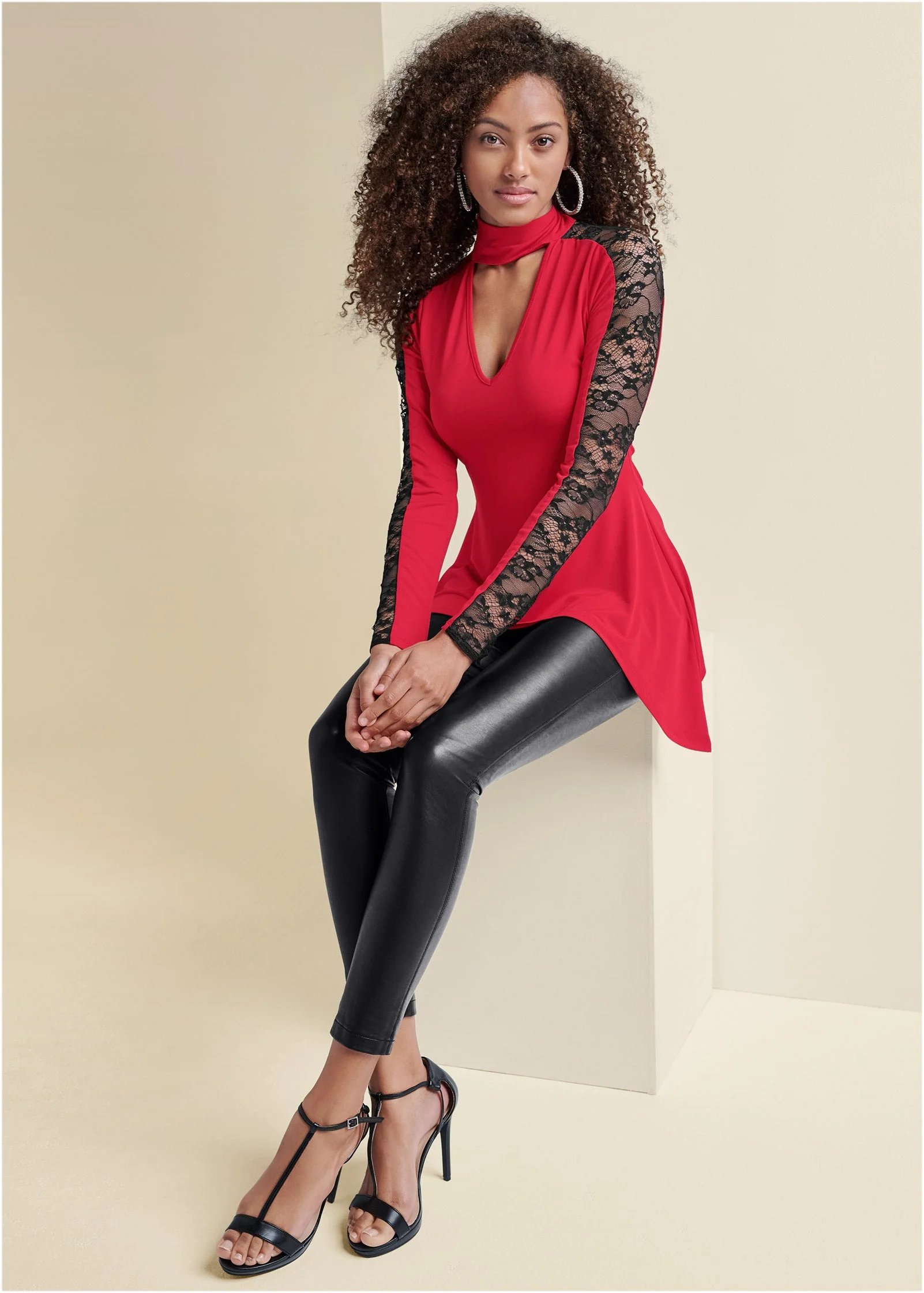 Lace Sharkbite Hem Top - Red Multi - Image 2