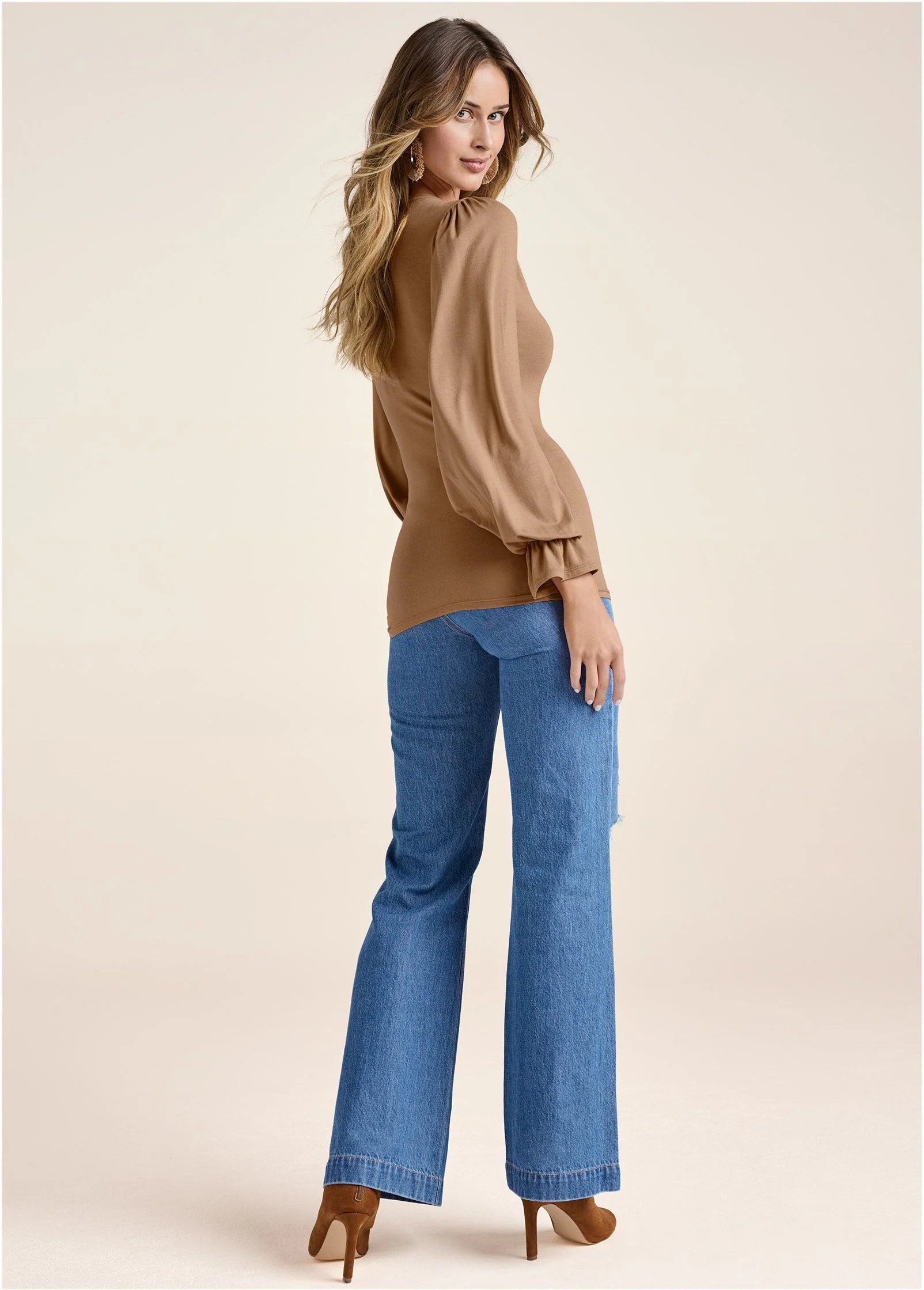 Strappy Long Sleeve Top - Tan - Image 3