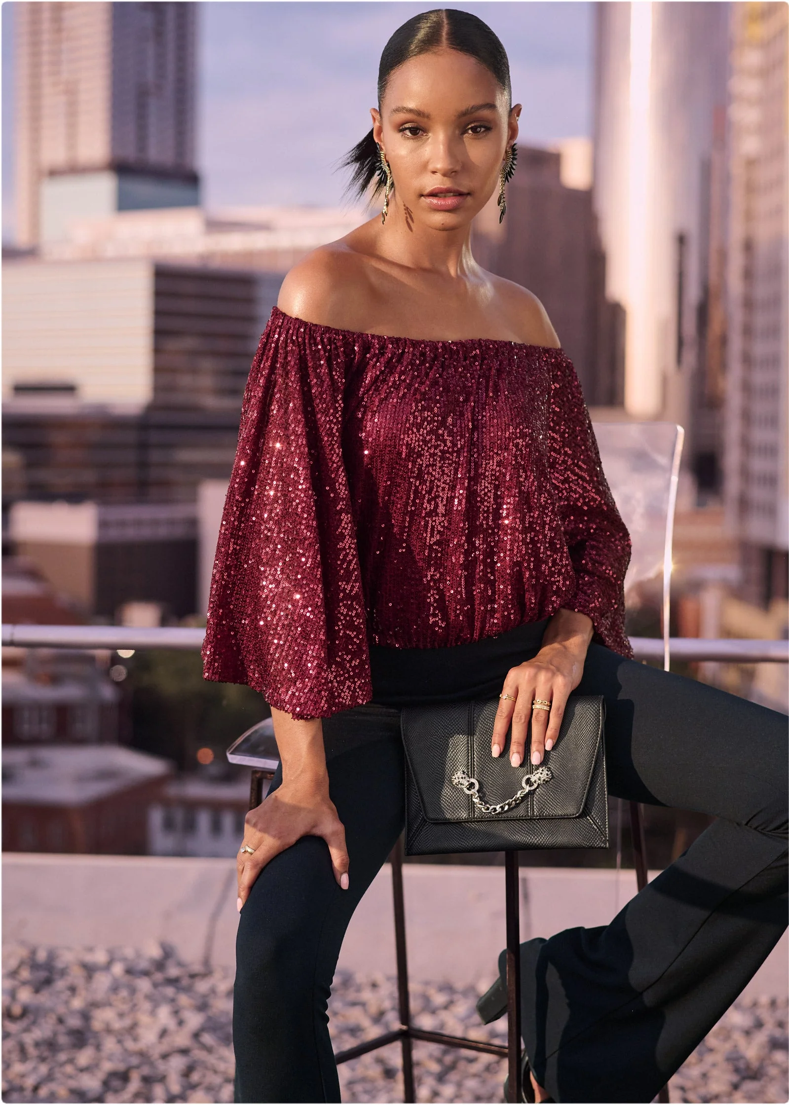 Off-The-Shoulder Sequin Top - Wine - Image 10