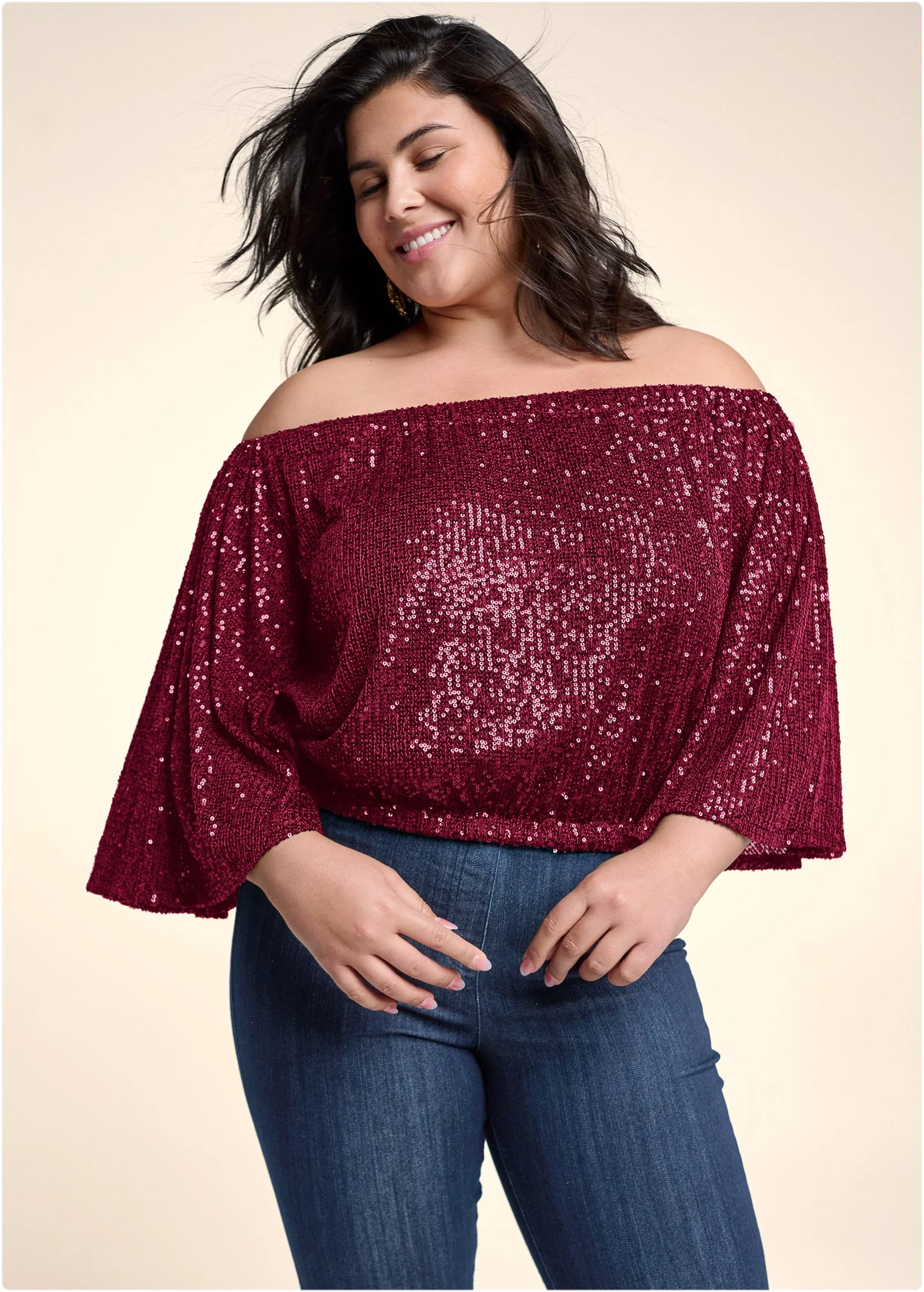 Off-The-Shoulder Sequin Top - Wine - Image 11