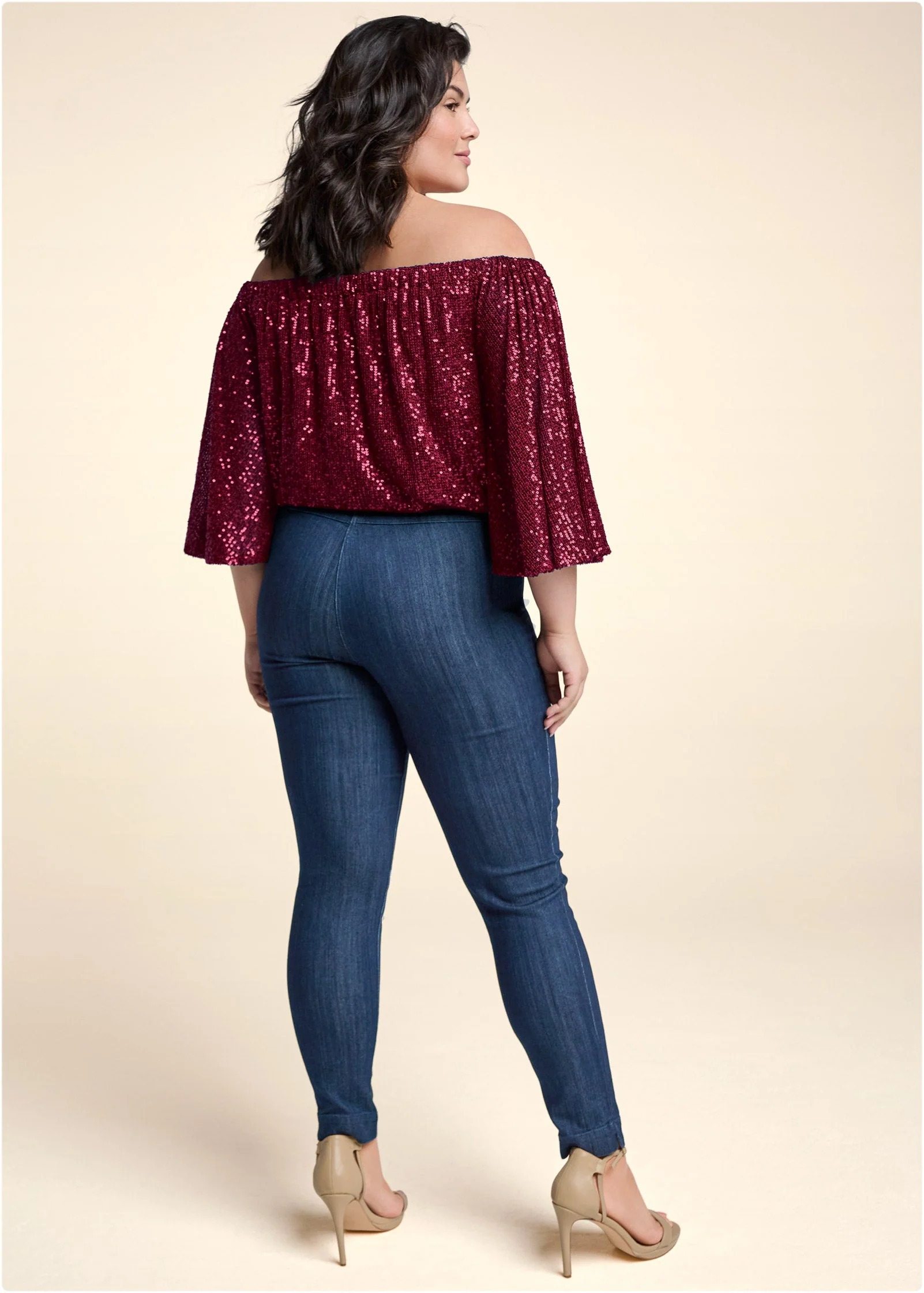 Off-The-Shoulder Sequin Top - Wine - Image 12