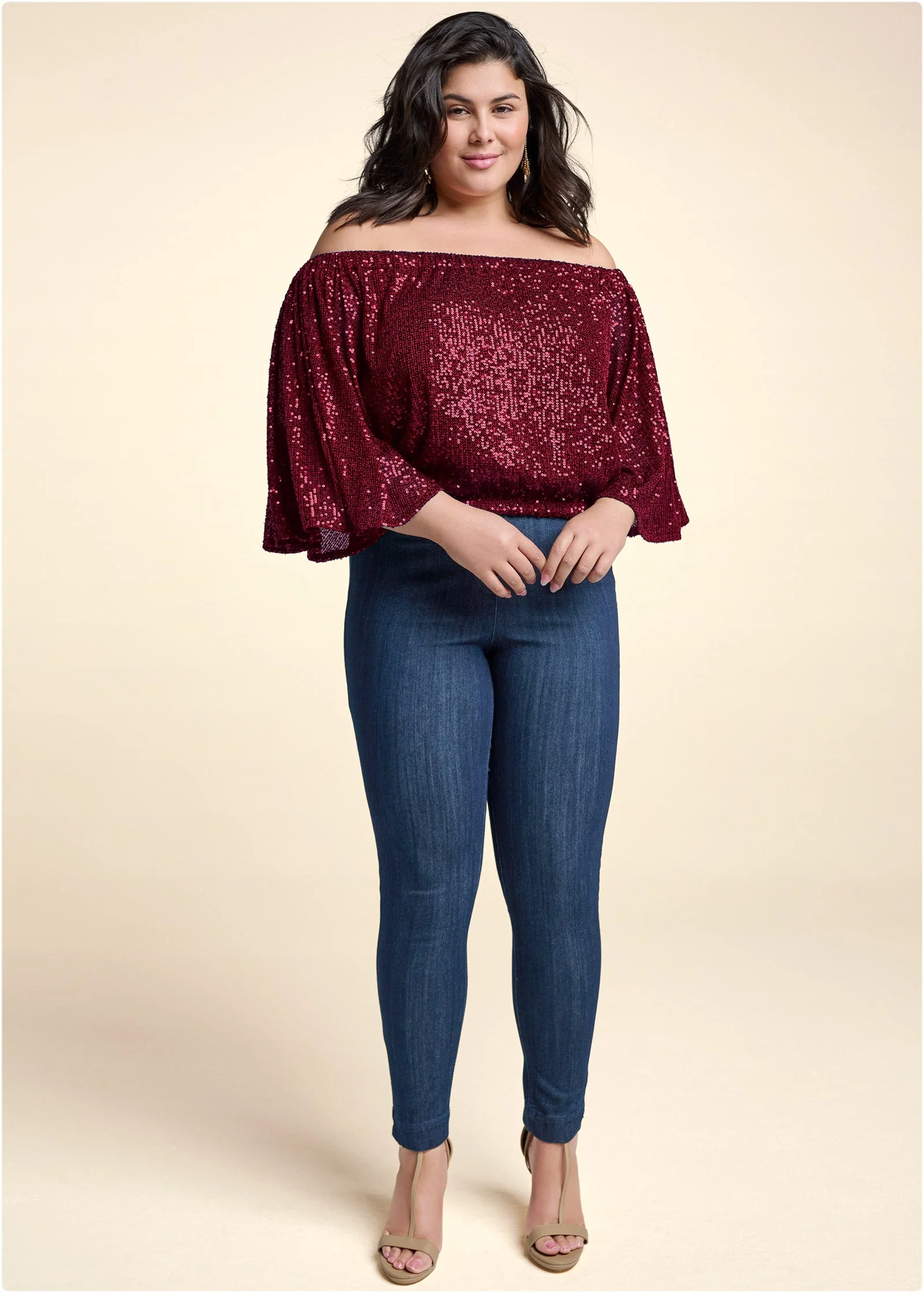 Off-The-Shoulder Sequin Top - Wine - Image 13