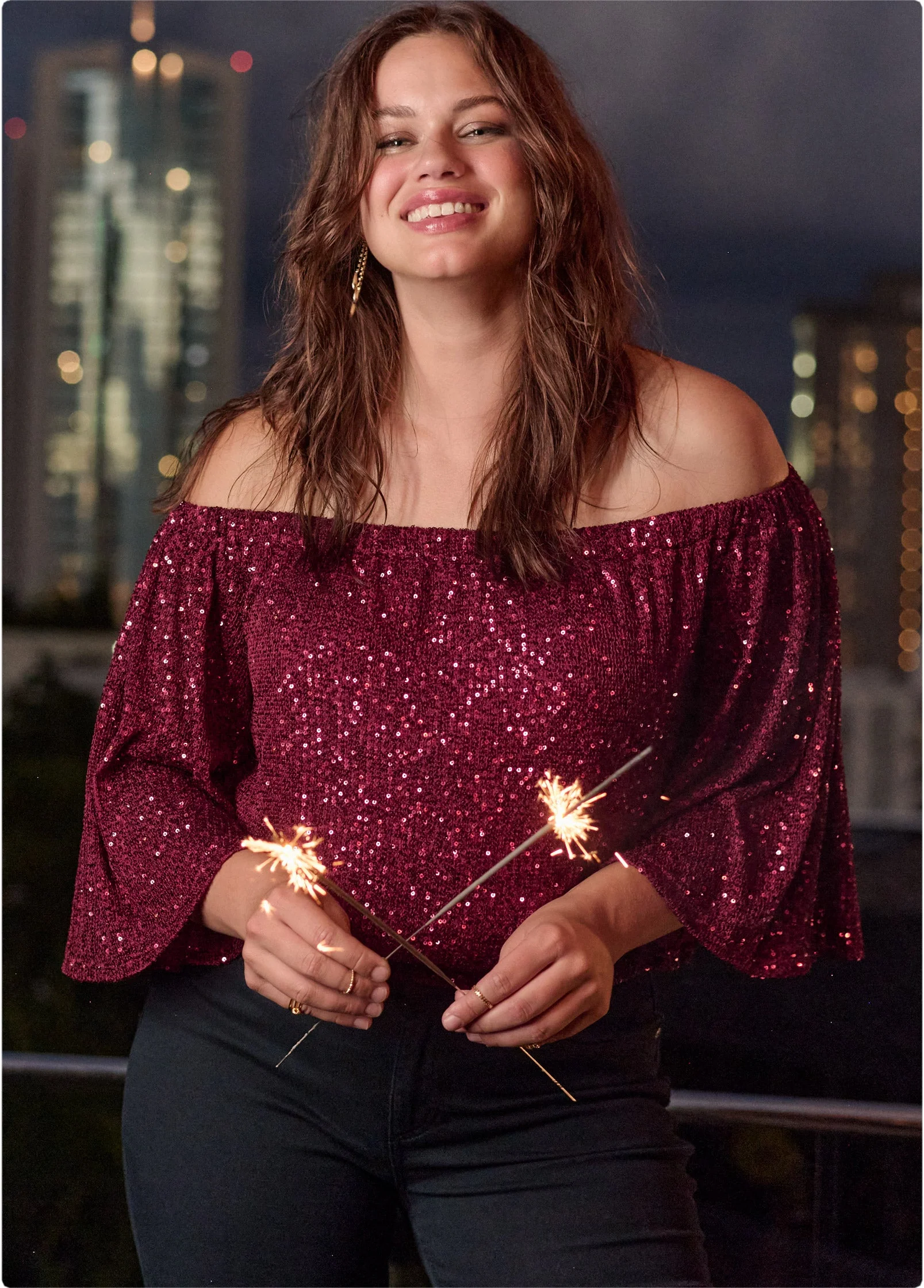 Off-The-Shoulder Sequin Top - Wine - Image 14