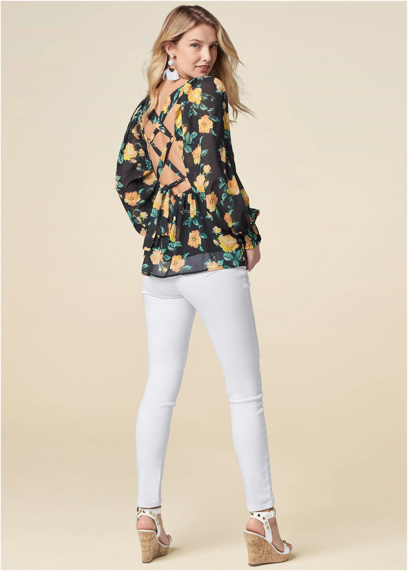 Blooming Roses Lace-Up Blouse - Black Multi - Image 2