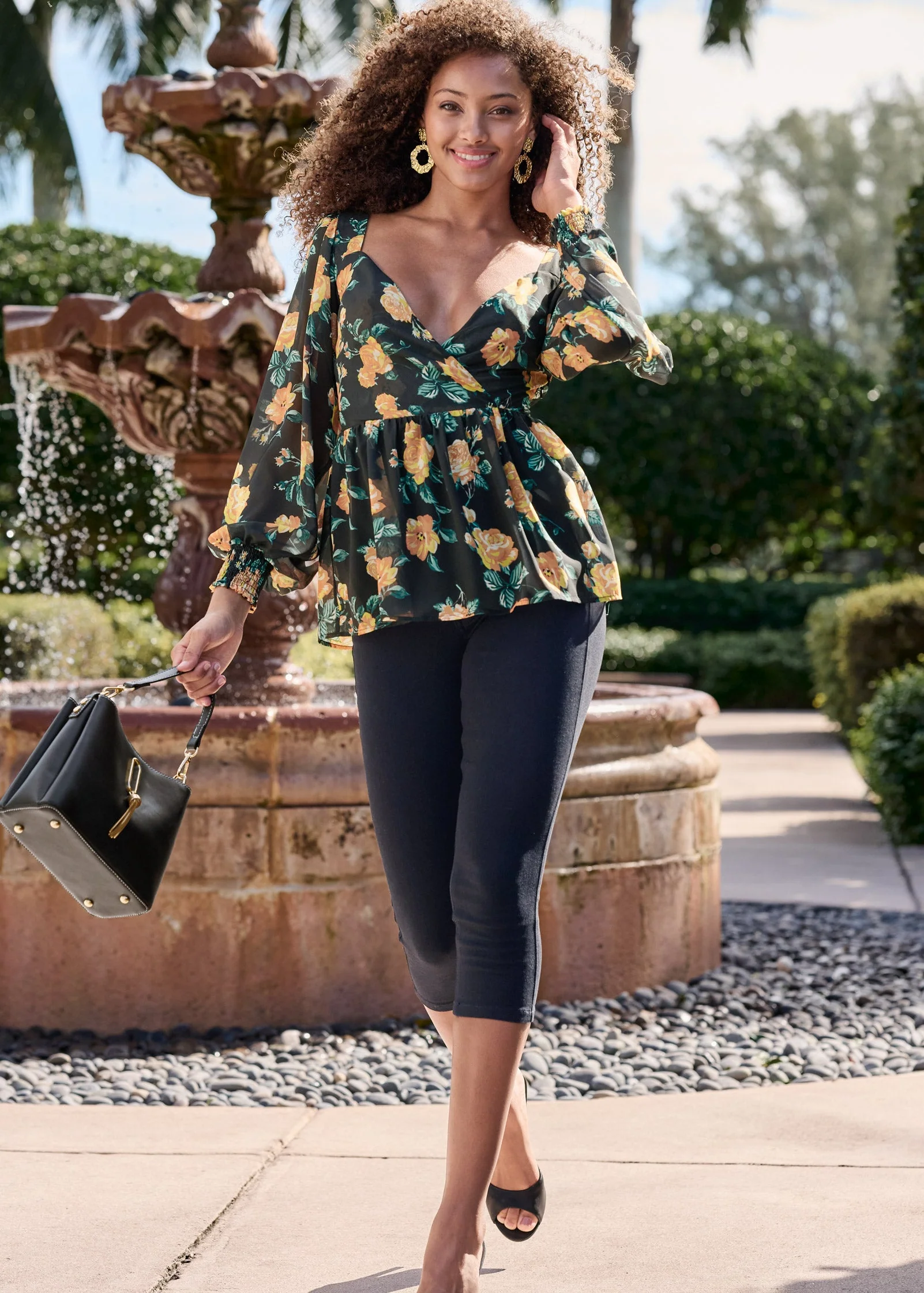 Blooming Roses Lace-Up Blouse - Black Multi - Image 9
