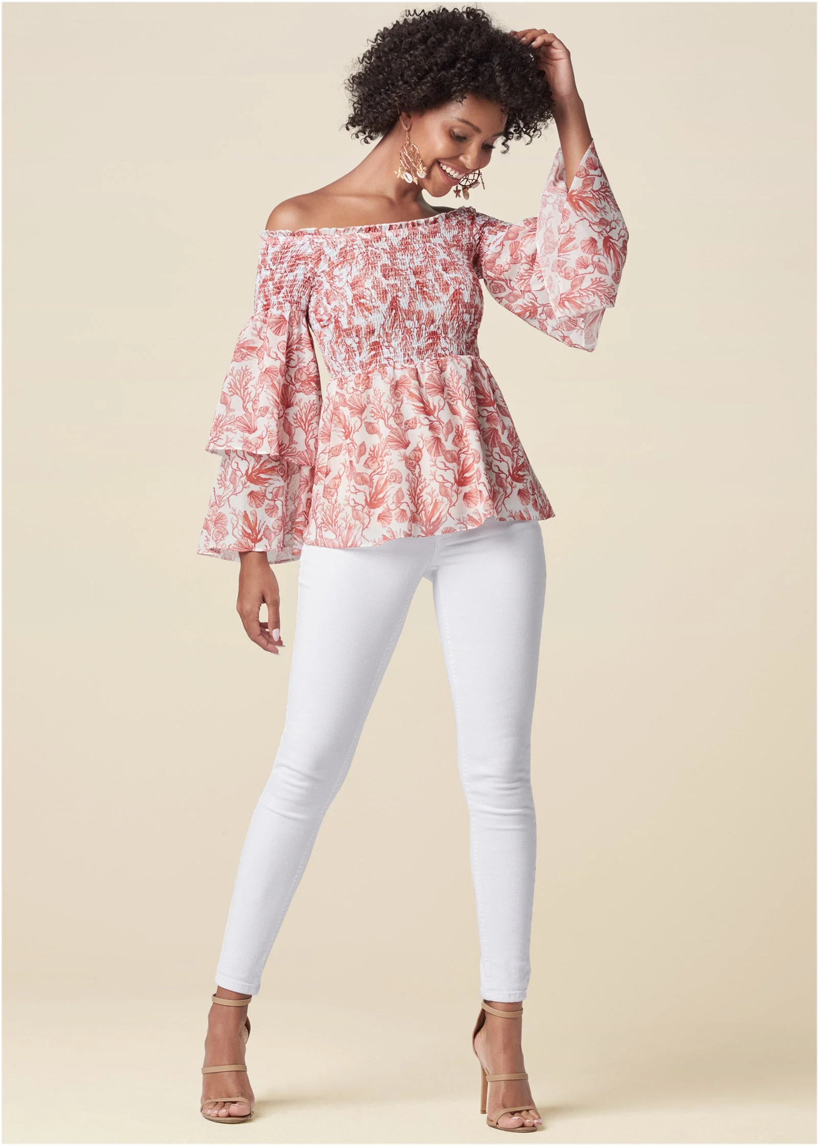 Coral Reef Smocked Top - White & Coral - Image 2