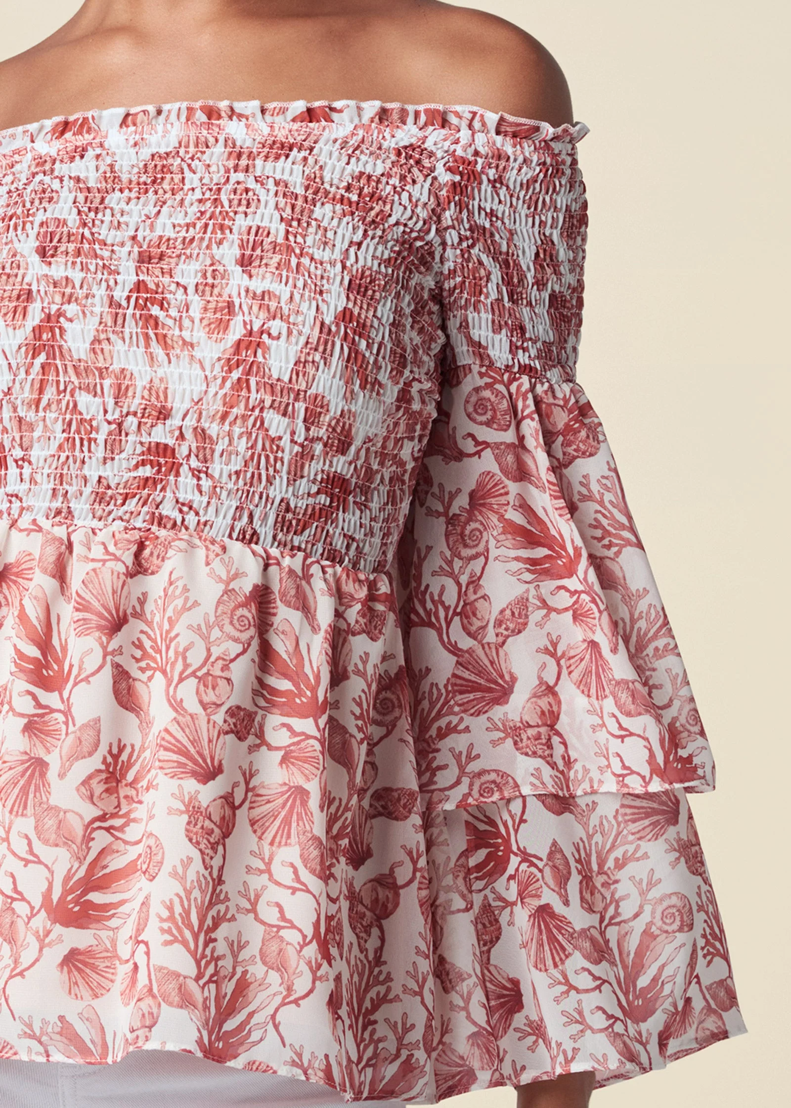 Coral Reef Smocked Top - White & Coral - Image 4