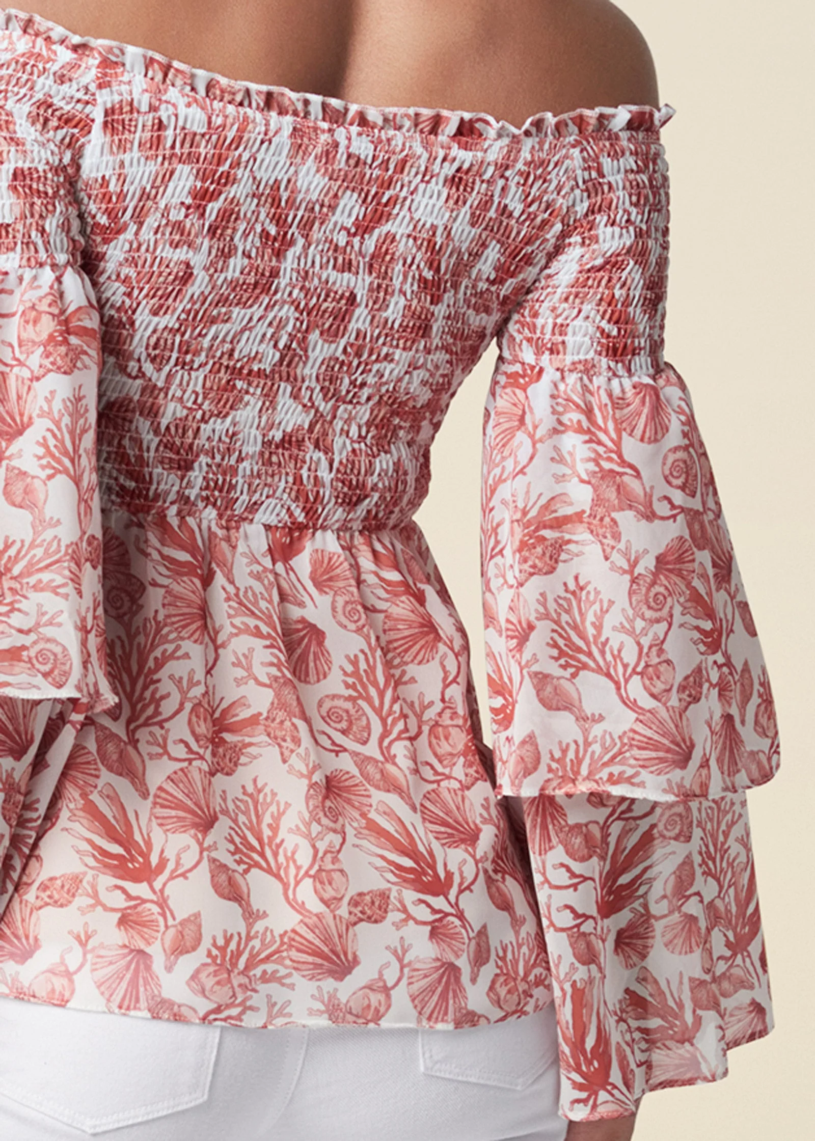 Coral Reef Smocked Top - White & Coral - Image 5