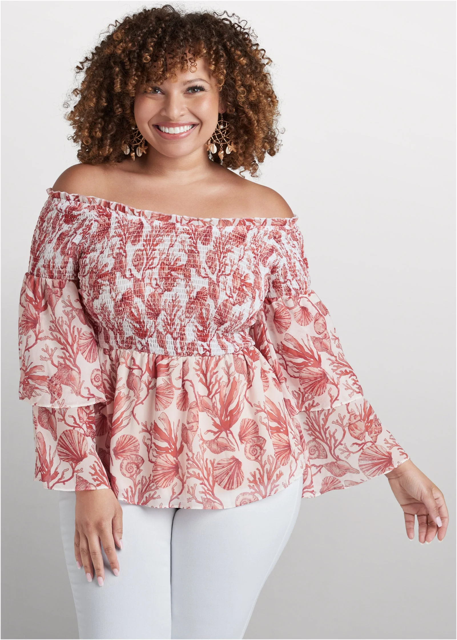 Coral Reef Smocked Top - White & Coral - Image 7