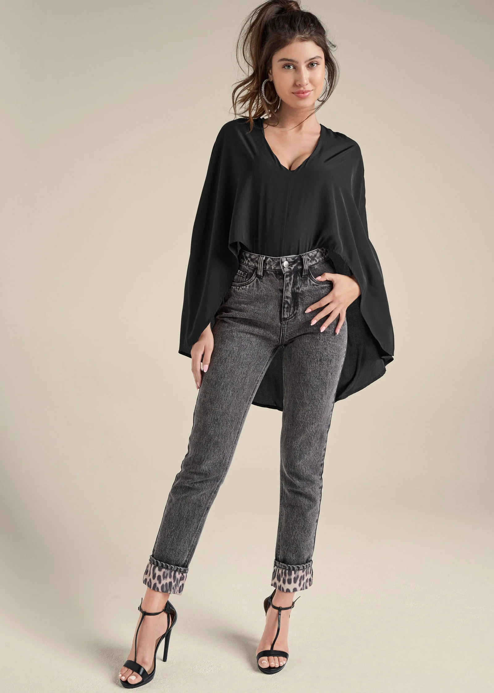 V-Neck Cape Bodysuit - Black - Image 2