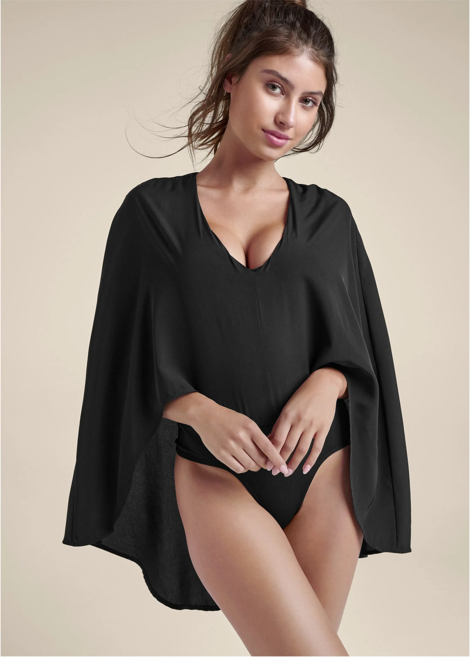 V-Neck Cape Bodysuit - Black - Image 4