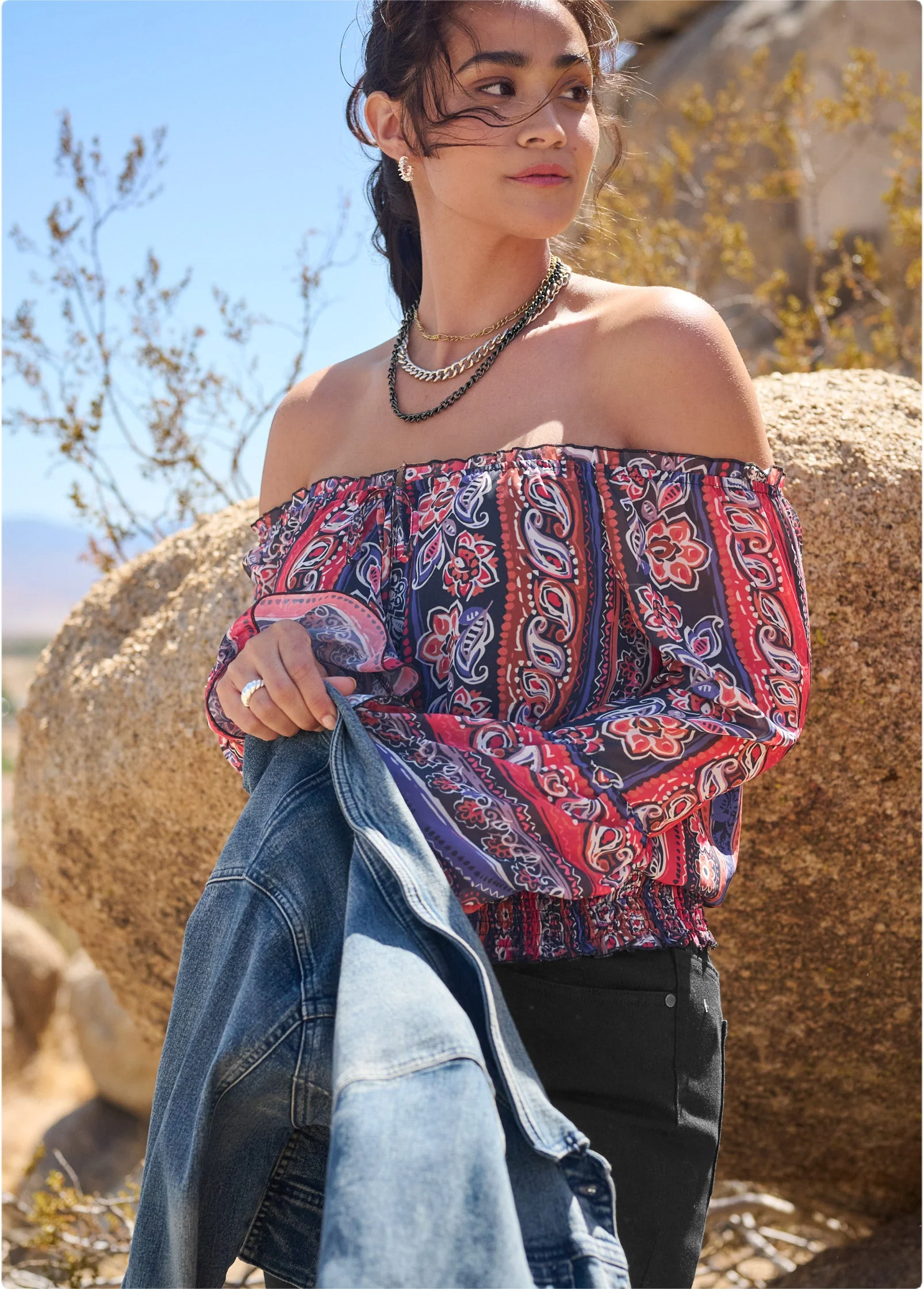 Off-The-Shoulder Print Top - Orange Multi - Image 15
