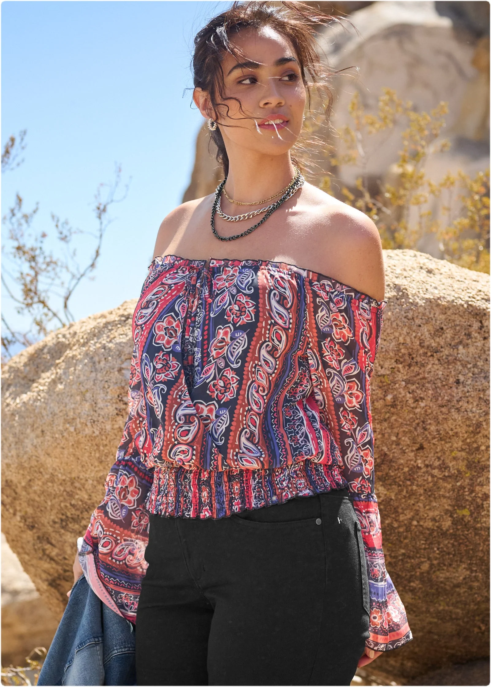 Off-The-Shoulder Print Top - Orange Multi - Image 16