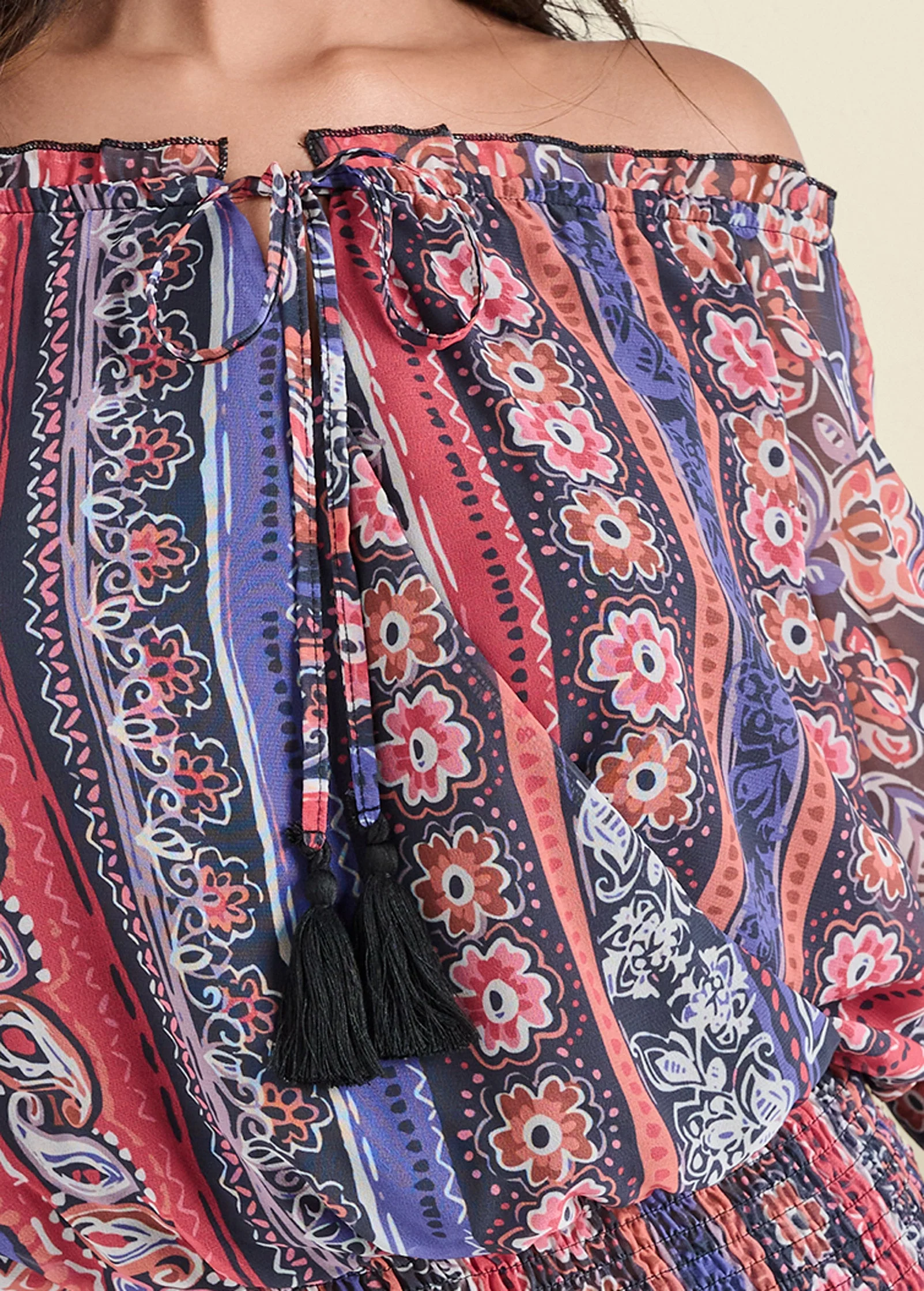 Off-The-Shoulder Print Top - Orange Multi - Image 4