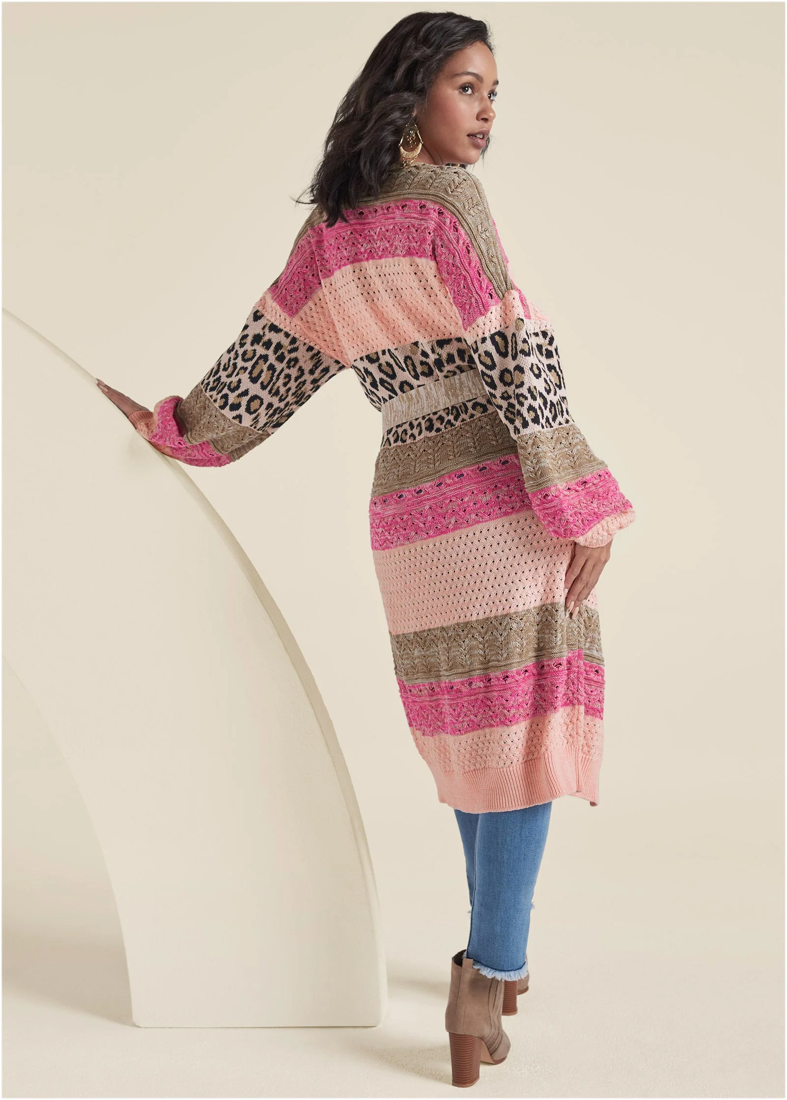 Mixed Print Belted Duster - Pink Multi - Image 2