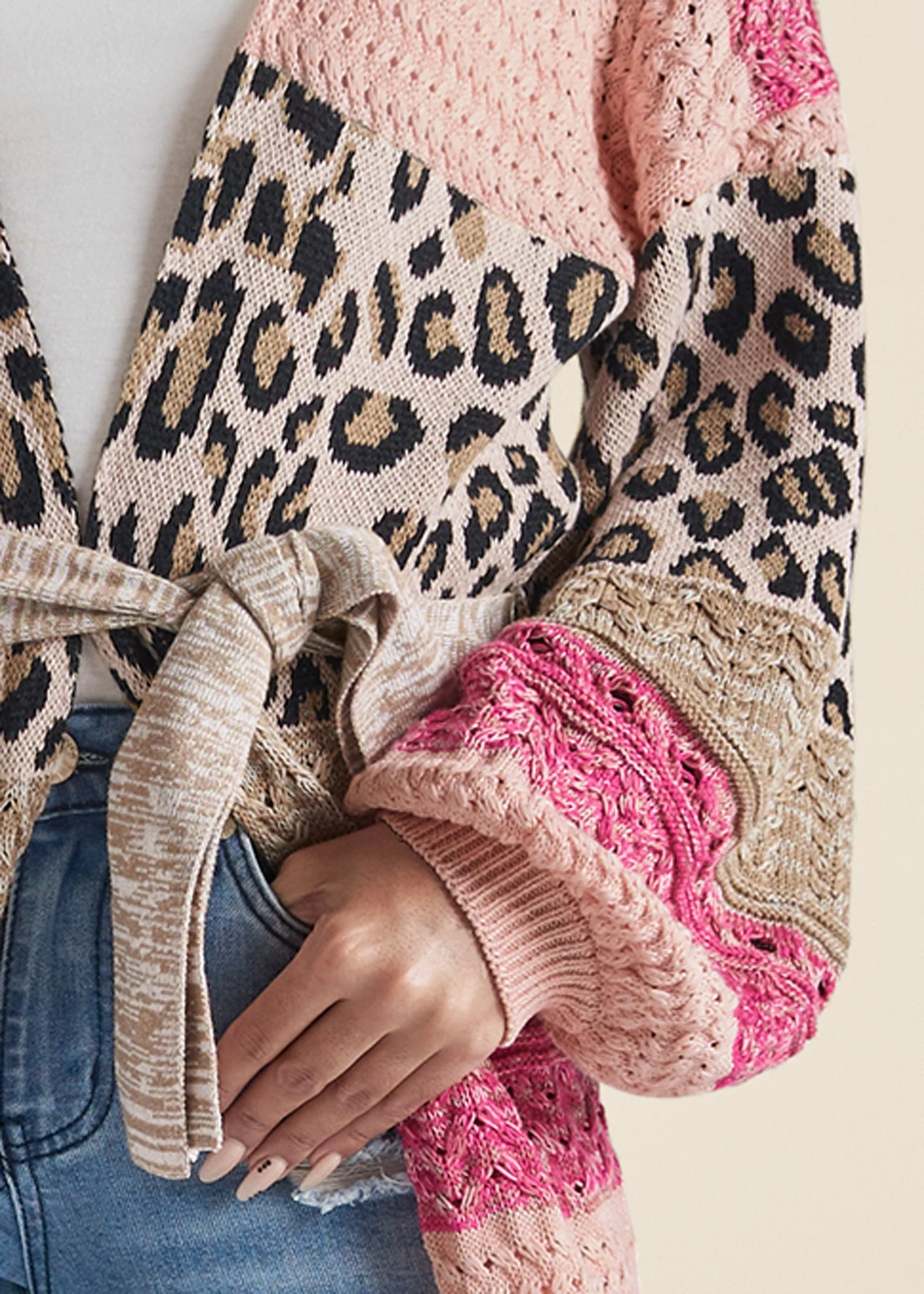 Mixed Print Belted Duster - Pink Multi - Image 3