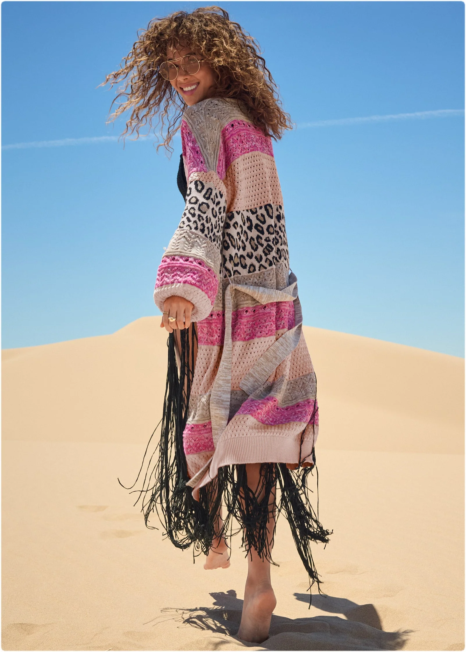 Mixed Print Belted Duster - Pink Multi - Image 7