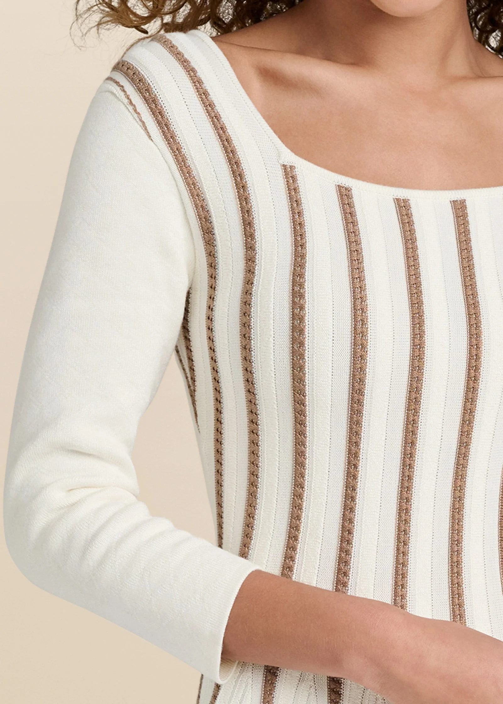 A-Line Sweater Dress - White & Brown - Image 4