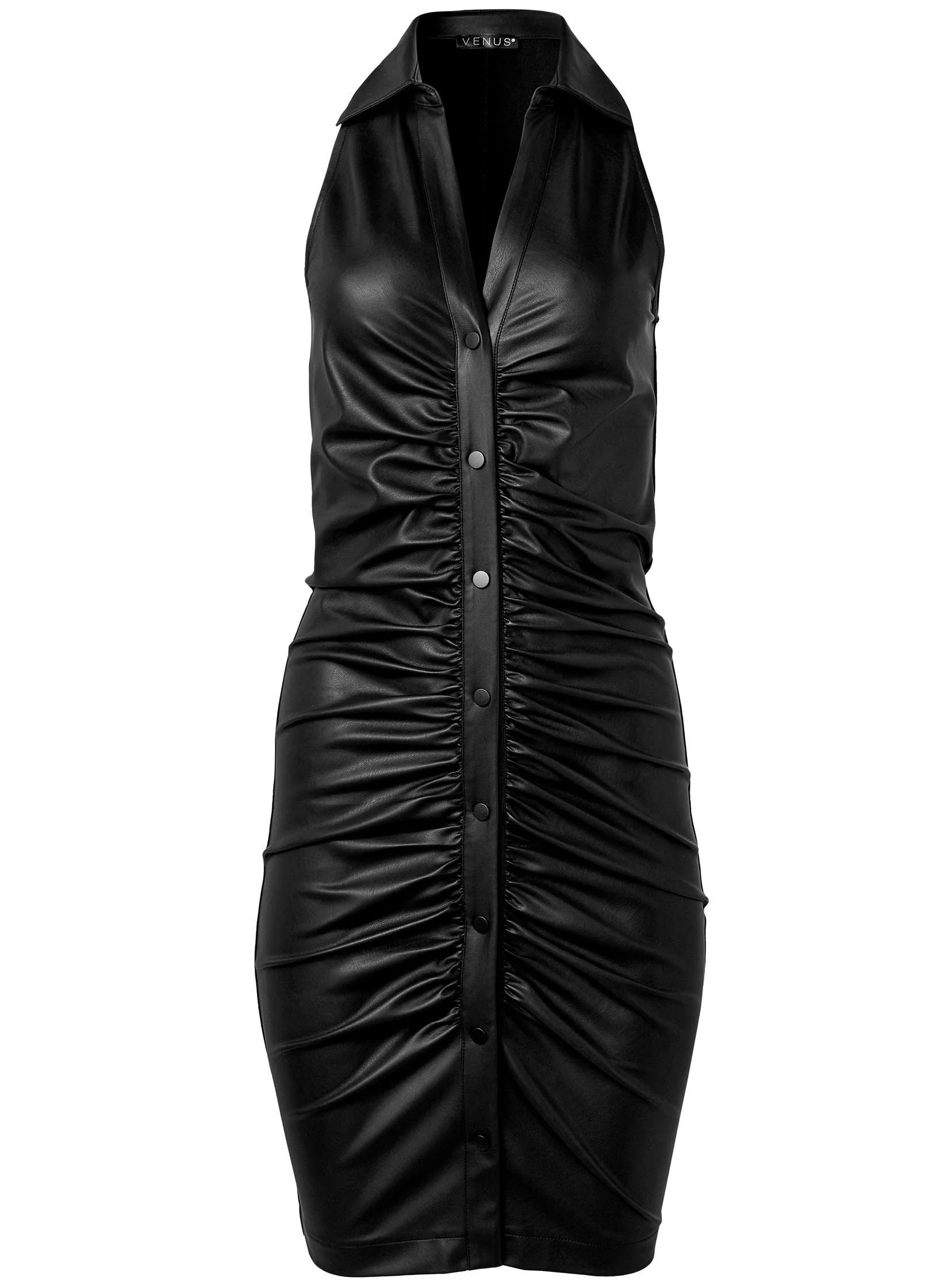 Collared Faux-Leather Bodycon Dress - Black - Image 6