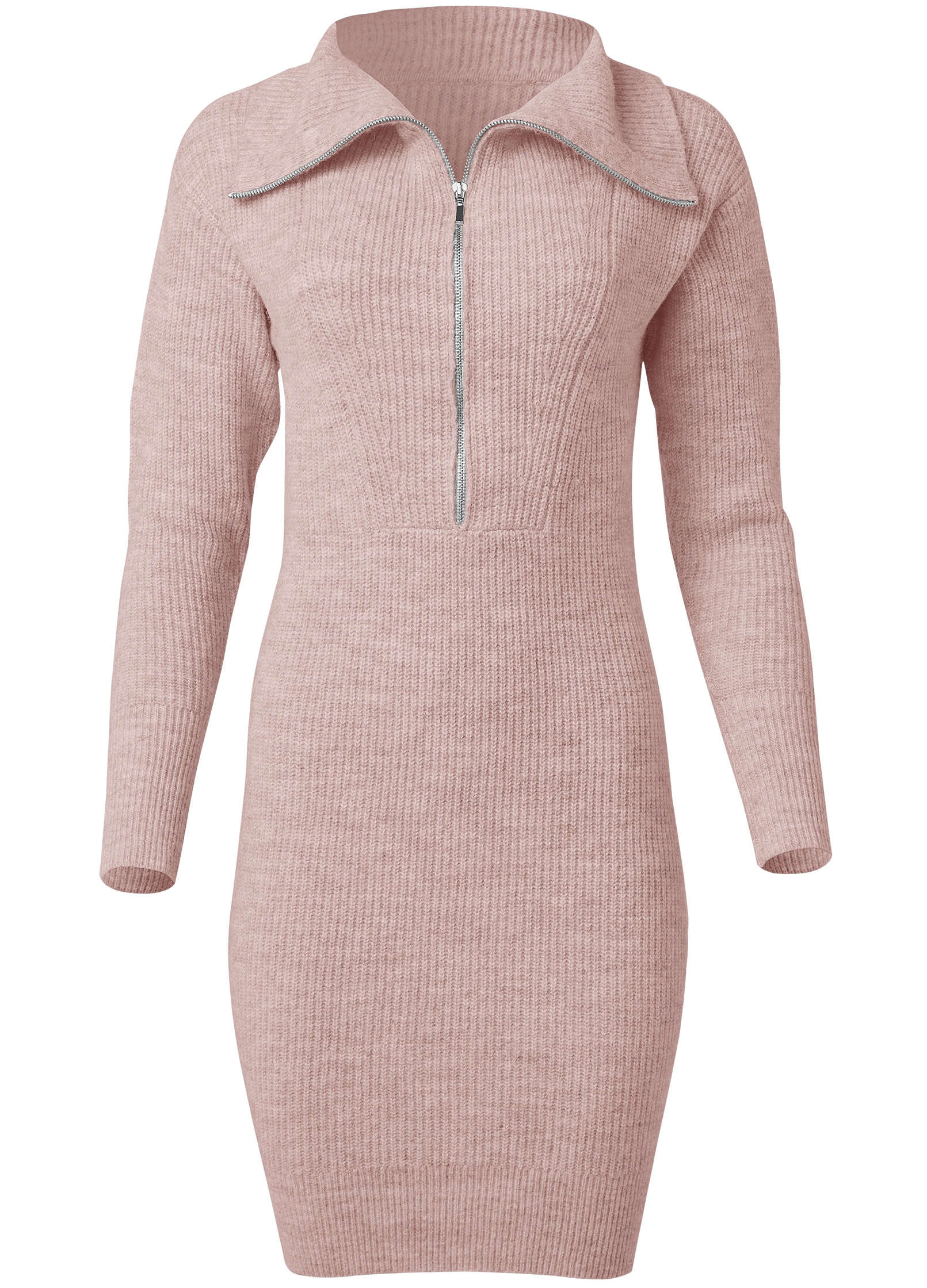 Zip Front Sweater Dress - Tan - Image 2