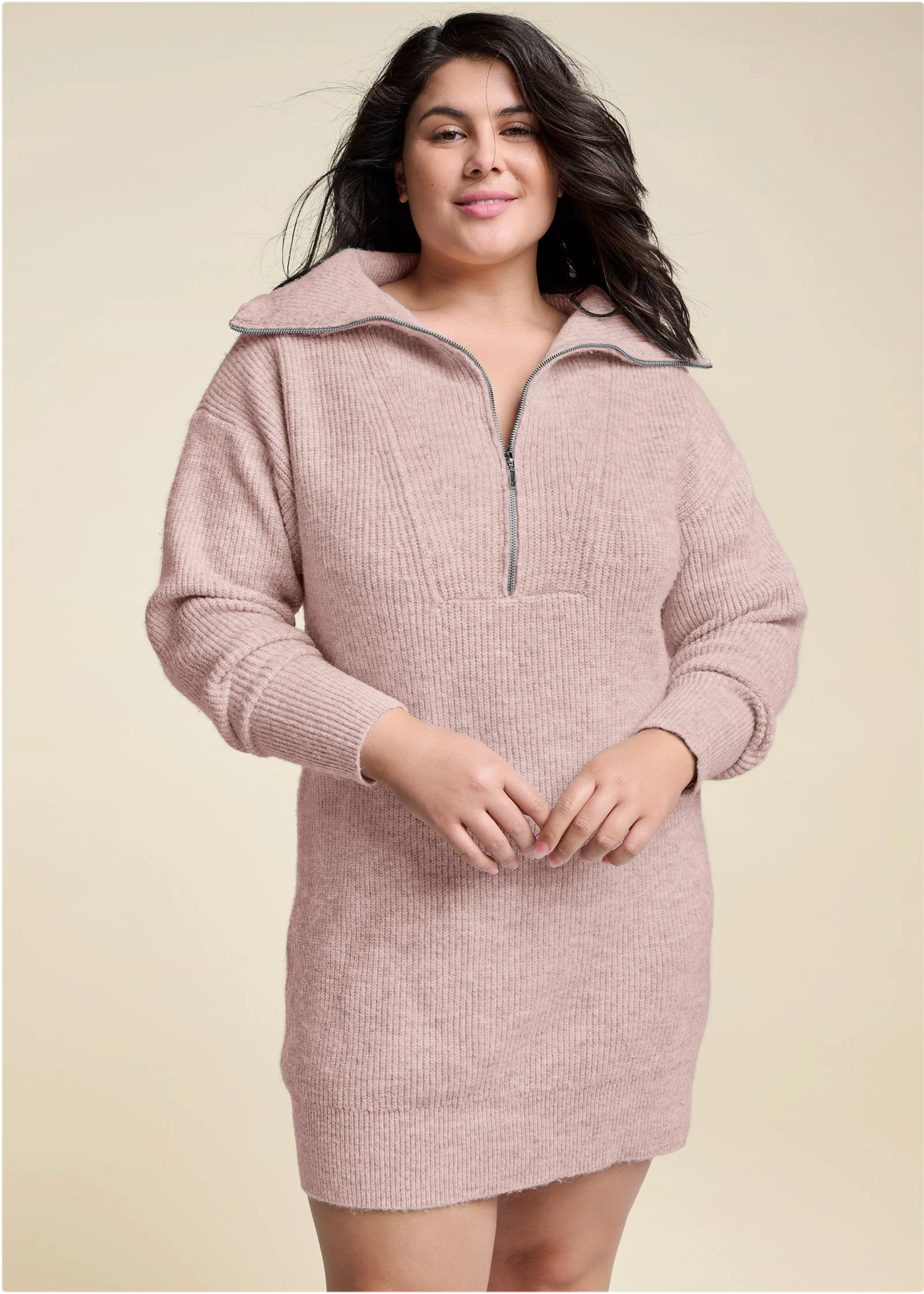 Zip Front Sweater Dress - Tan - Image 3