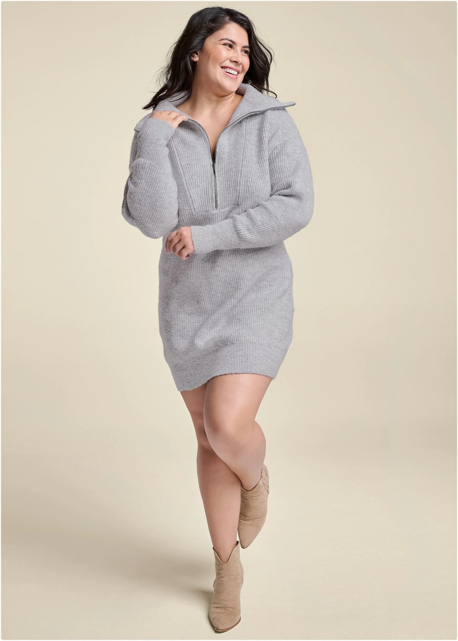 Zip Front Sweater Dress  - Heather Grey - Image 12