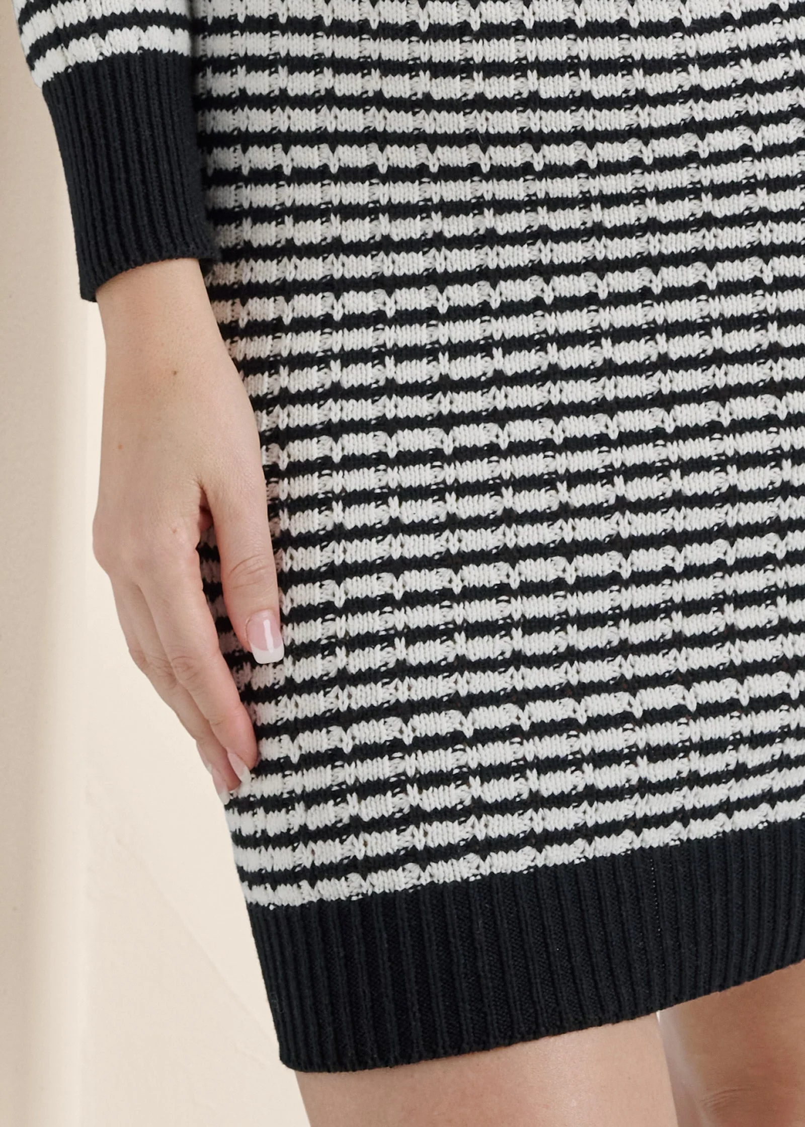 V-Neck Sweater Dress  - Black & White - Image 4
