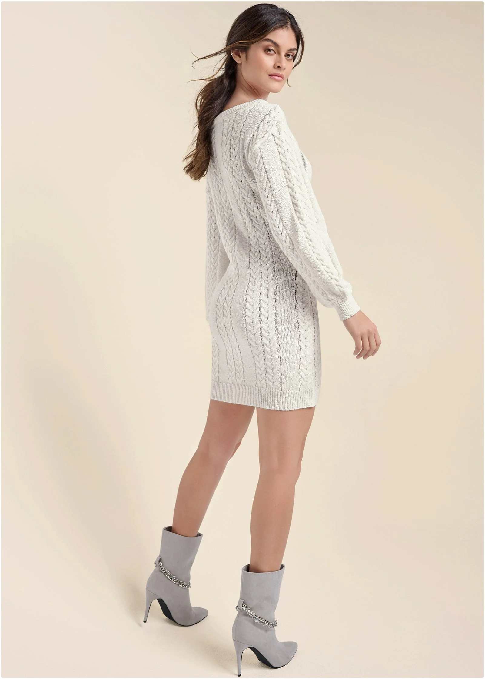 Rhinestone Embellished Sweater Dress - Cloud Dancer - Image 3