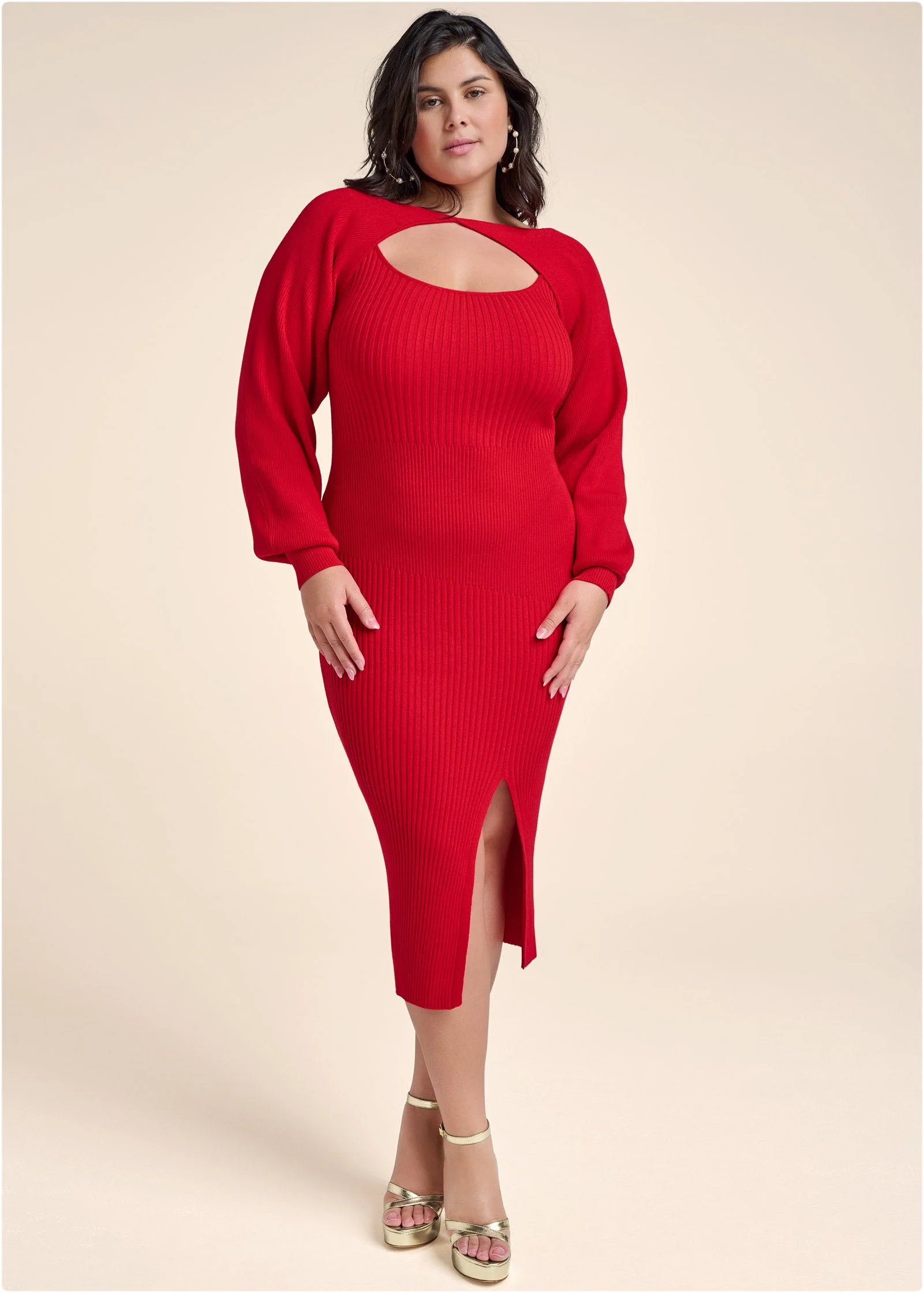 Sweater Dress With Shrug - Red - Image 7