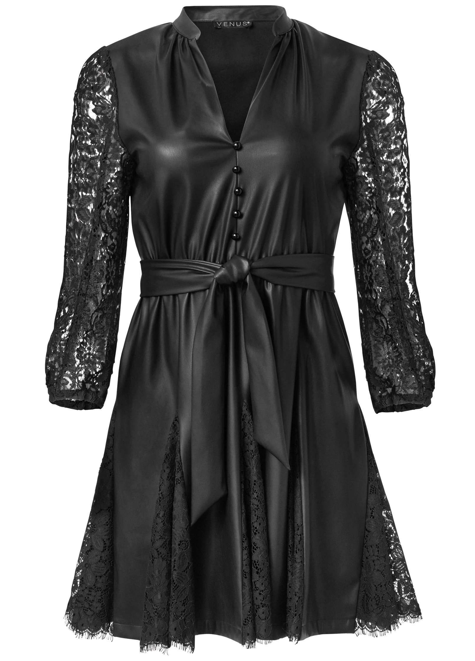 Faux-Leather And Lace Dress - Black - Image 6
