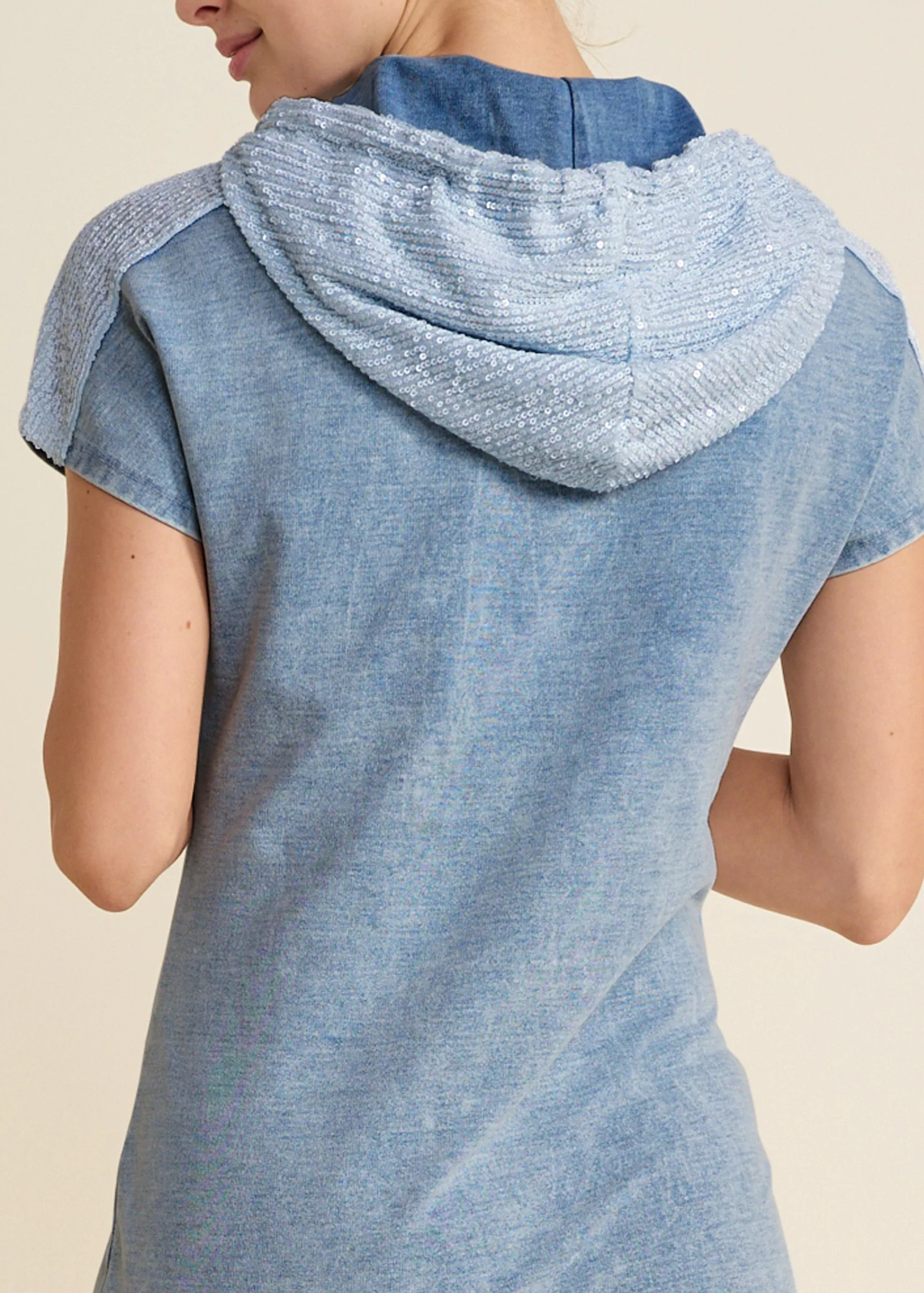 Stone Wash Hooded Dress - Blue & White - Image 3