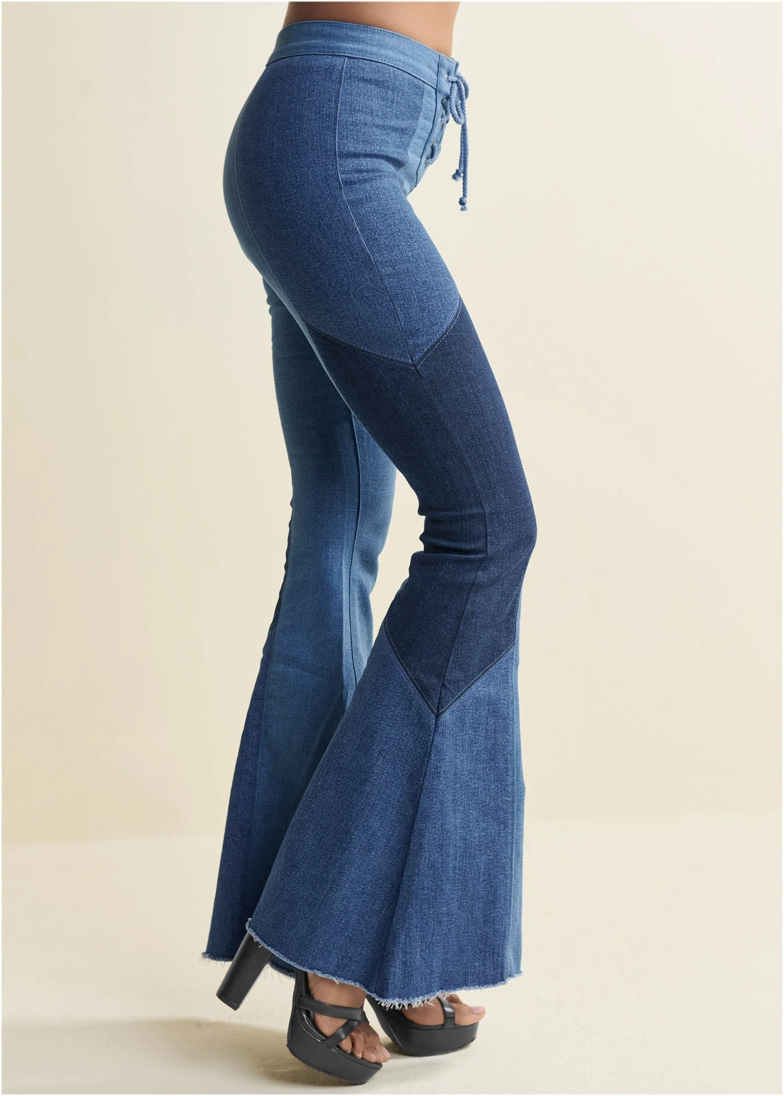 Color Block Flare Jeans - Denim Multi - Image 4