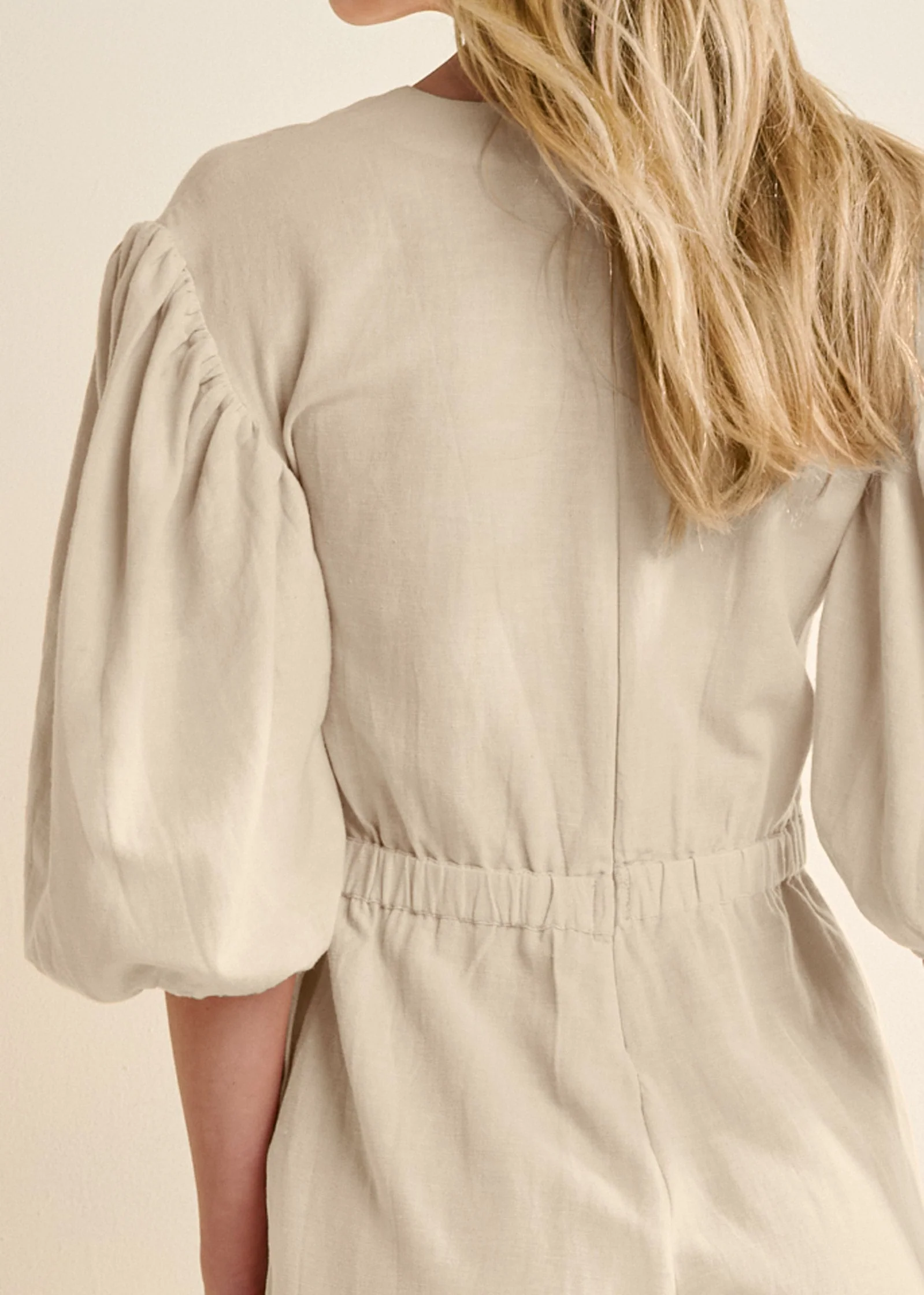 Linen Balloon Sleeve Romper - Natural - Image 5