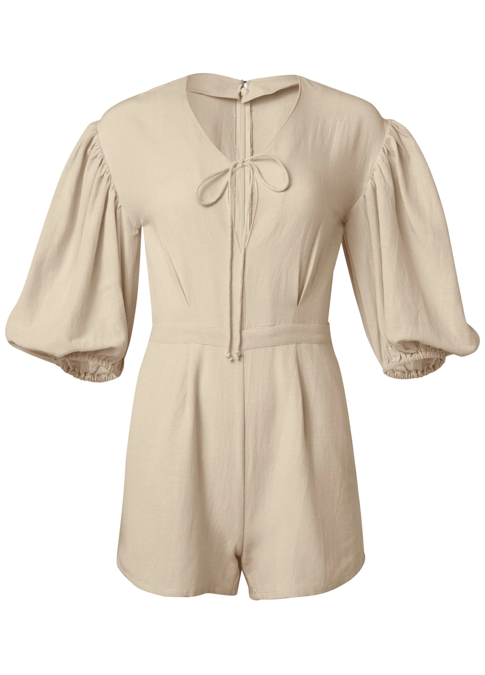 Linen Balloon Sleeve Romper - Natural - Image 6