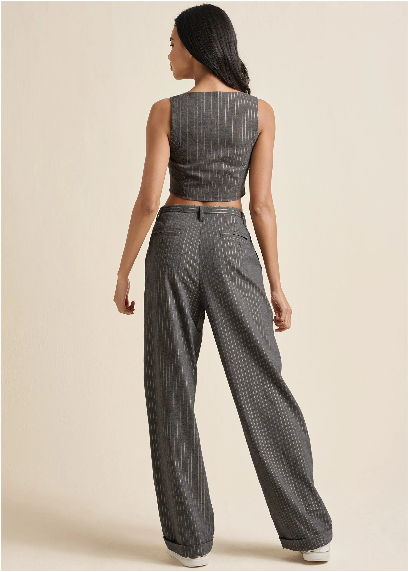 Stripe Wide Leg Trousers - Grey & Gold - Image 10