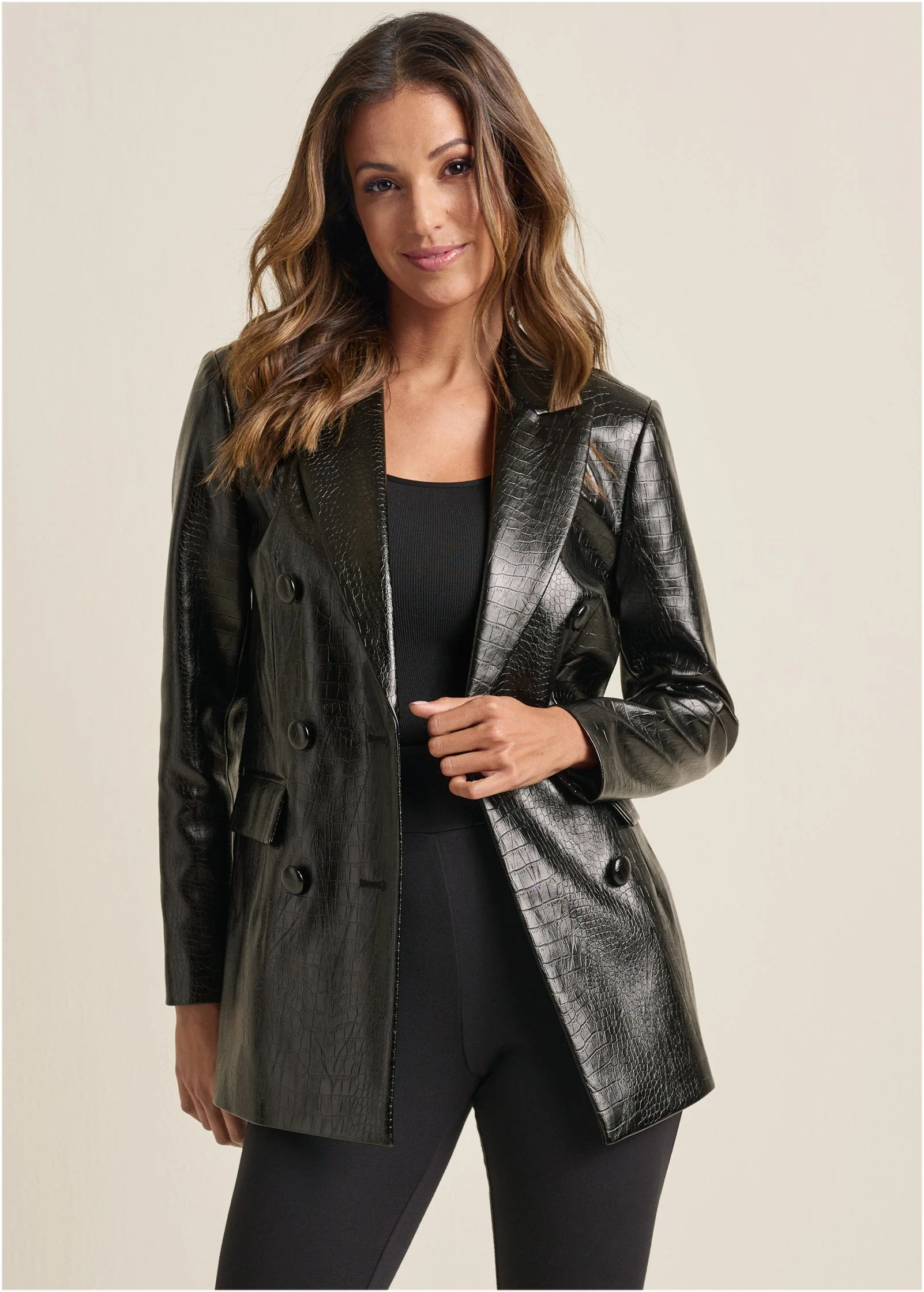 Faux Croc Blazer - Jet Black