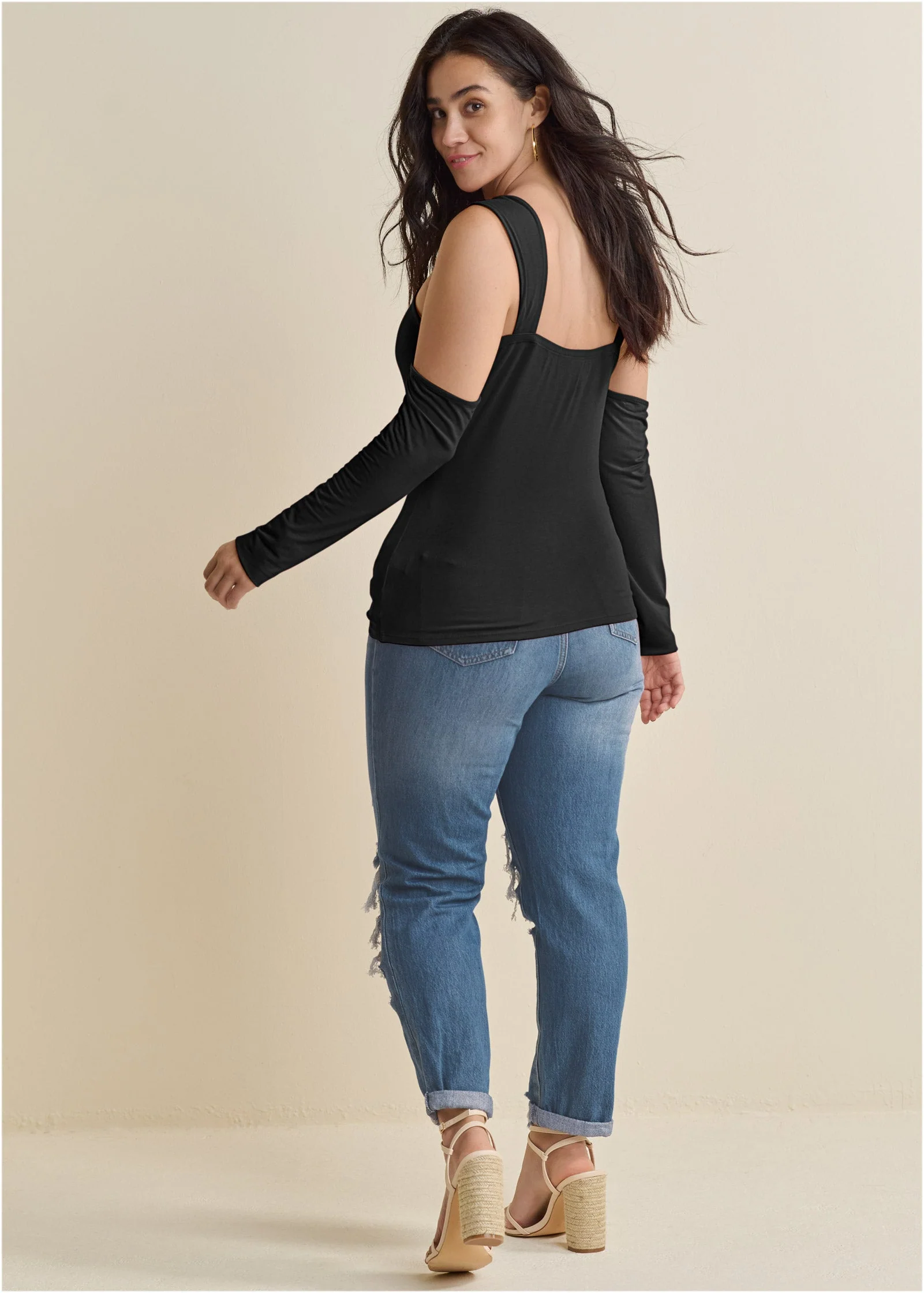 Cold-Shoulder Long Sleeve Top - Black - Image 10
