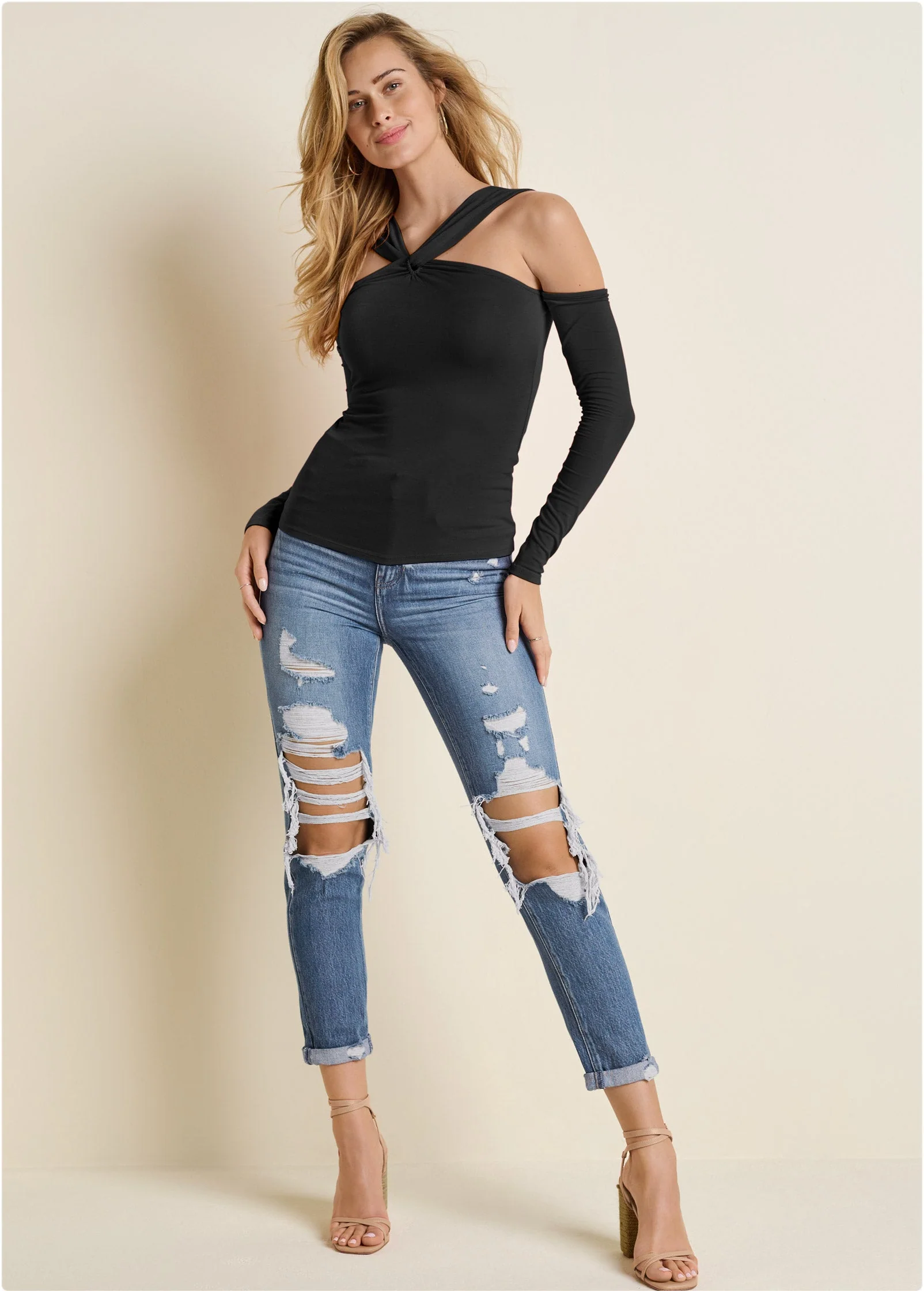 Cold-Shoulder Long Sleeve Top - Black - Image 2