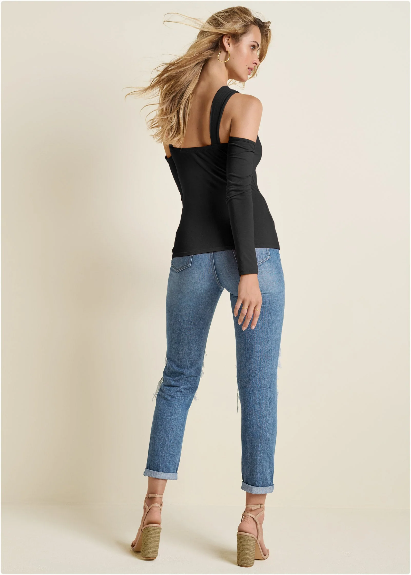 Cold-Shoulder Long Sleeve Top - Black - Image 3