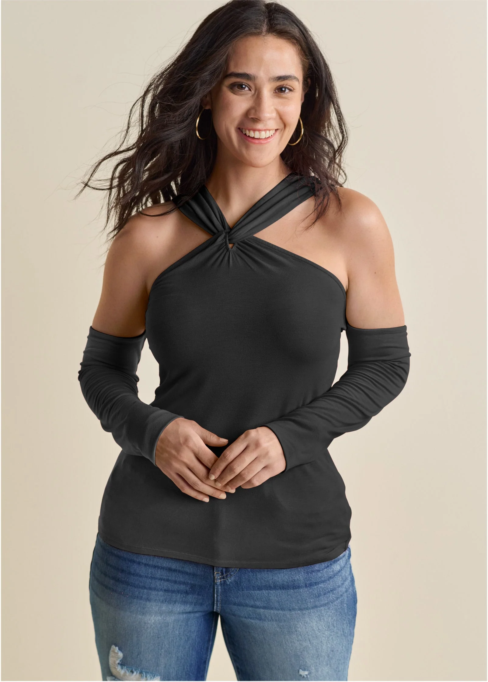 Cold-Shoulder Long Sleeve Top - Black - Image 8