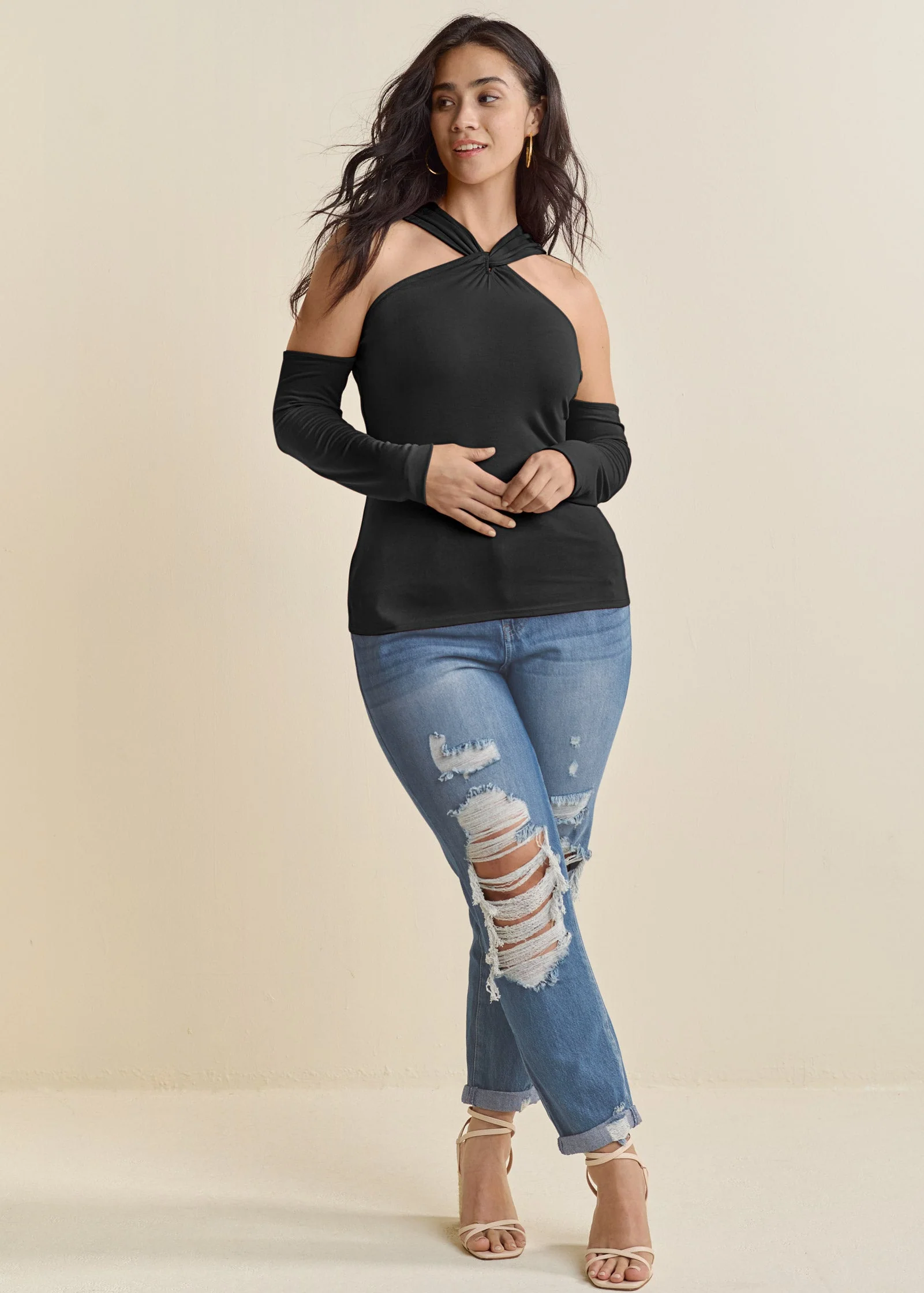 Cold-Shoulder Long Sleeve Top - Black - Image 9