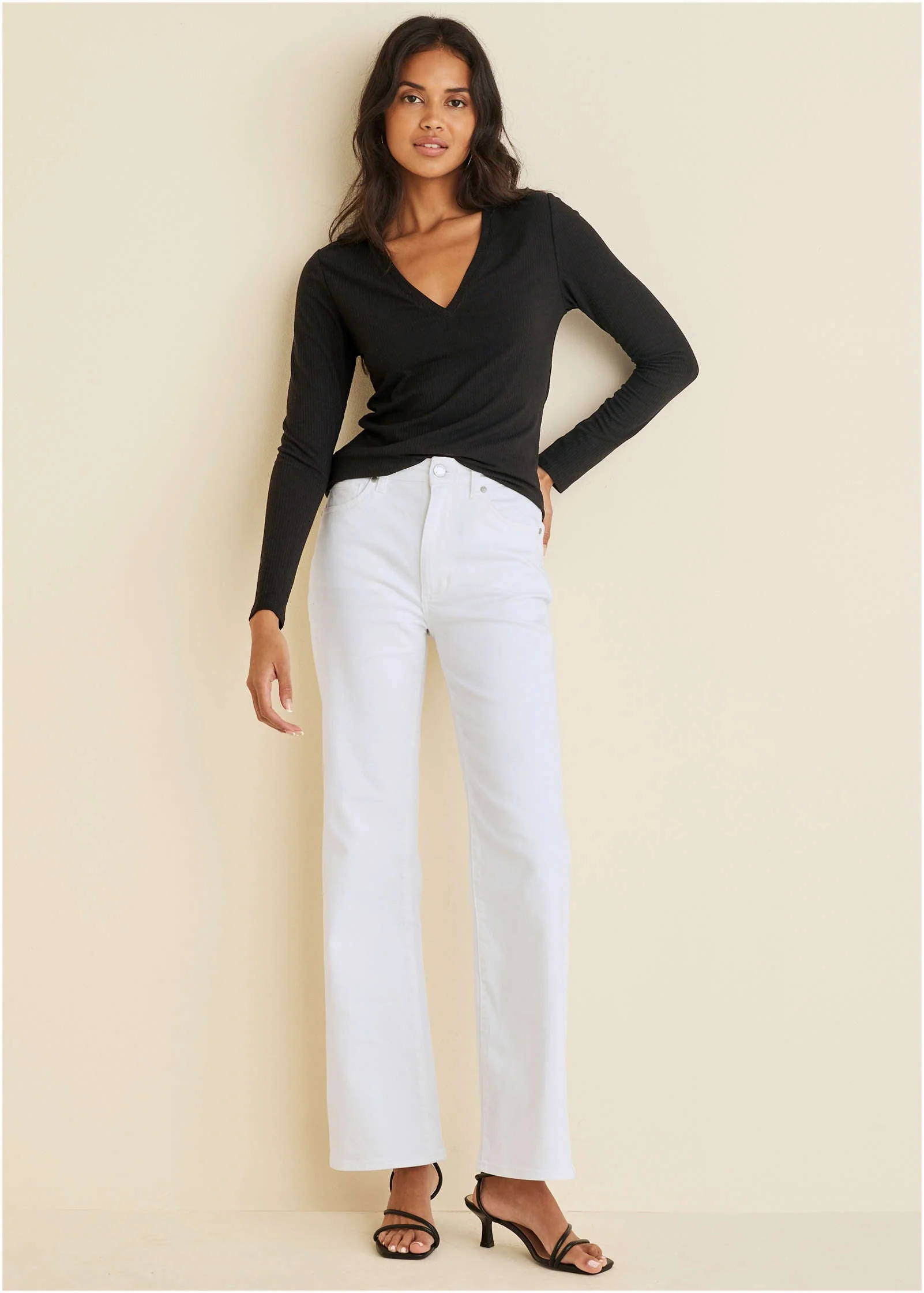 Ribbed Long Sleeve V-Neck - Black - Image 3