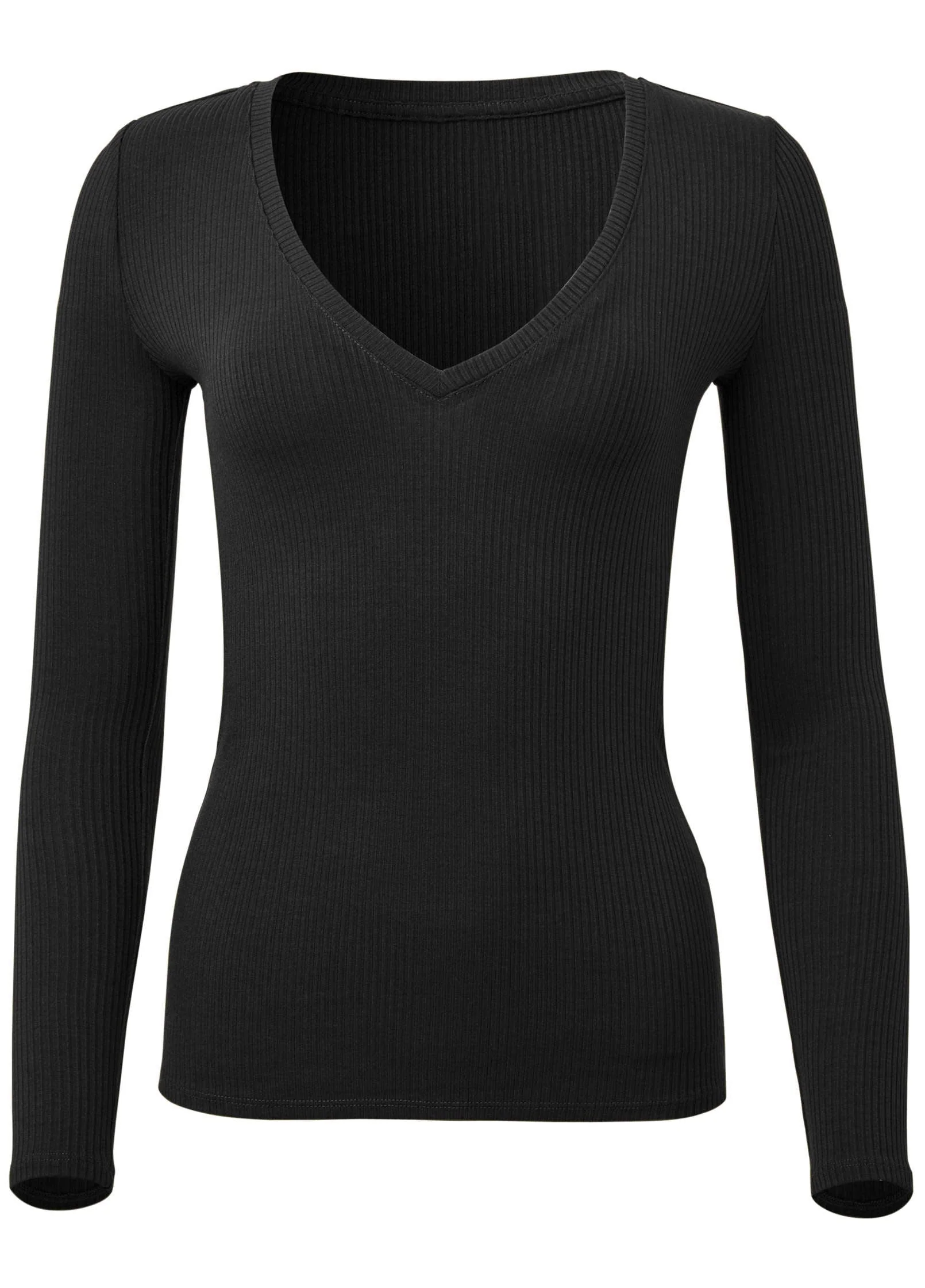 Ribbed Long Sleeve V-Neck - Black - Image 5