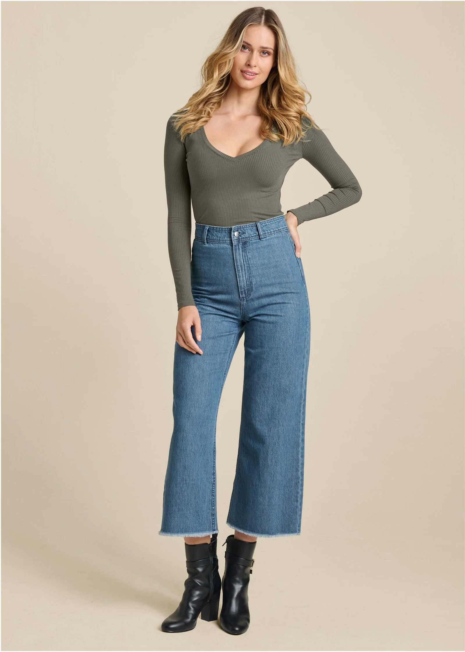 Ribbed Long Sleeve V-Neck - Olive - Image 2