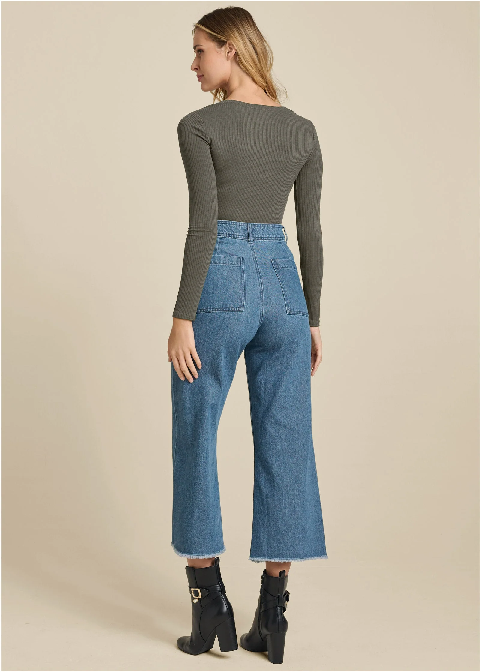 Ribbed Long Sleeve V-Neck - Olive - Image 3