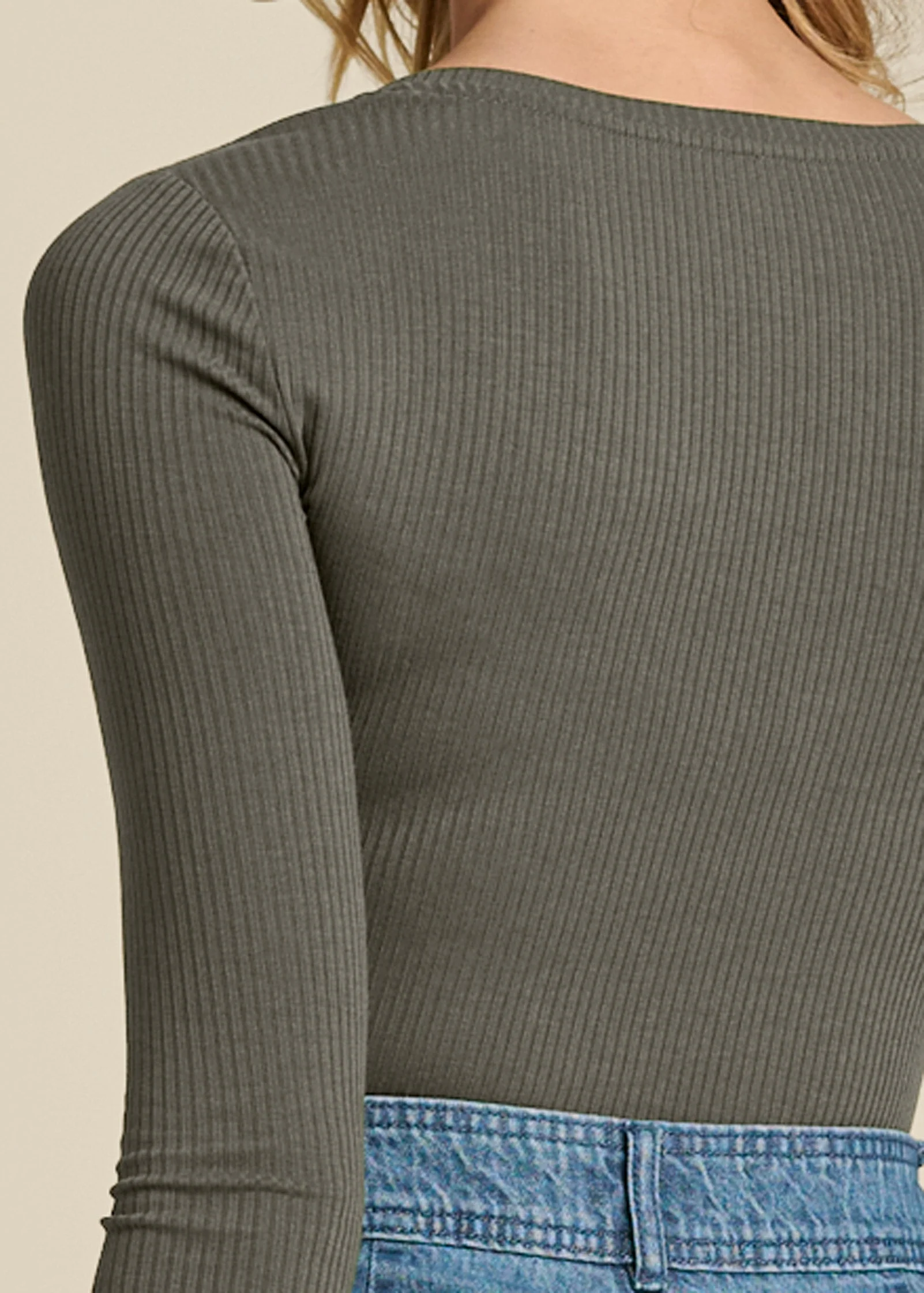 Ribbed Long Sleeve V-Neck - Olive - Image 5