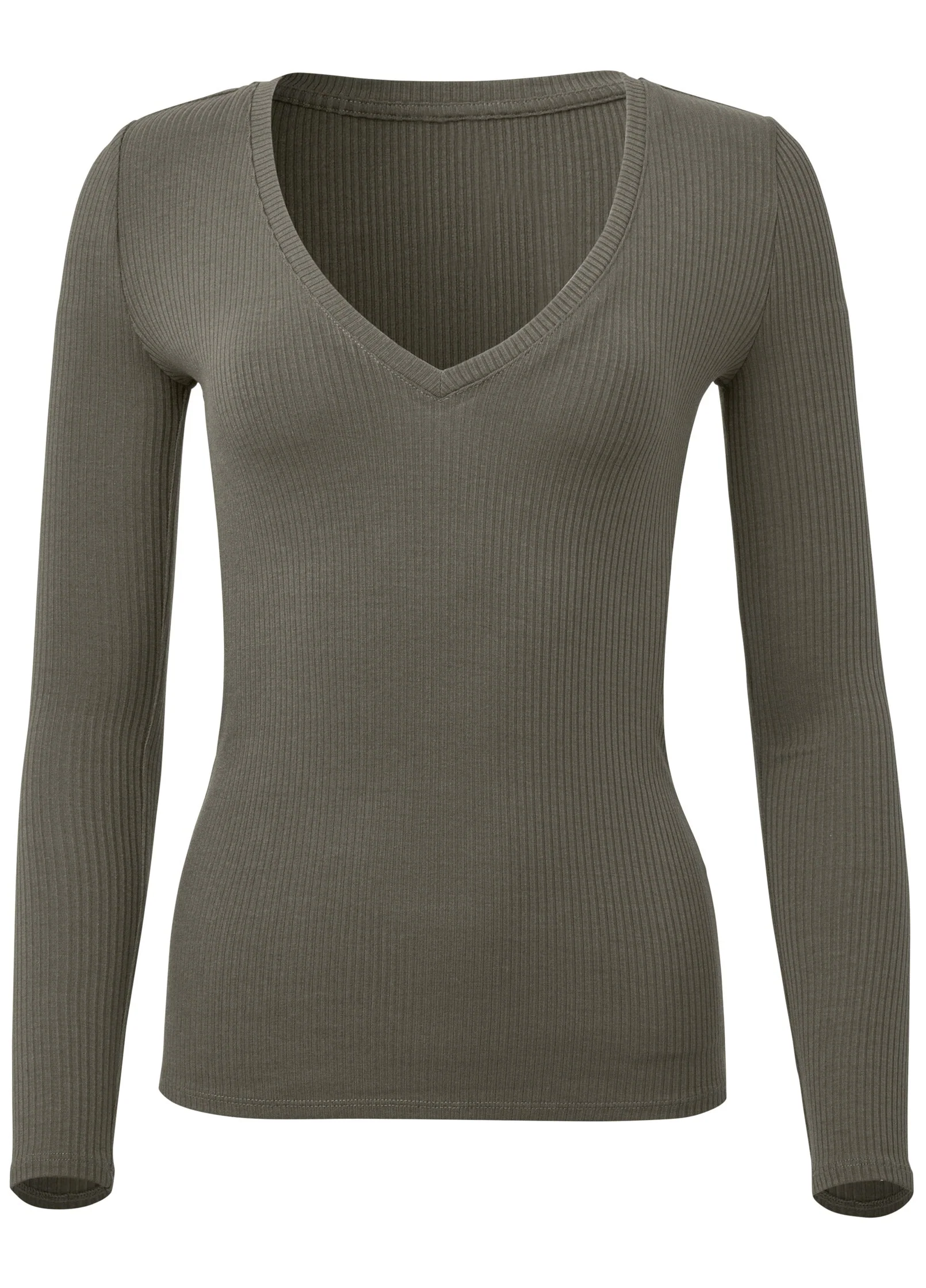 Ribbed Long Sleeve V-Neck - Olive - Image 6