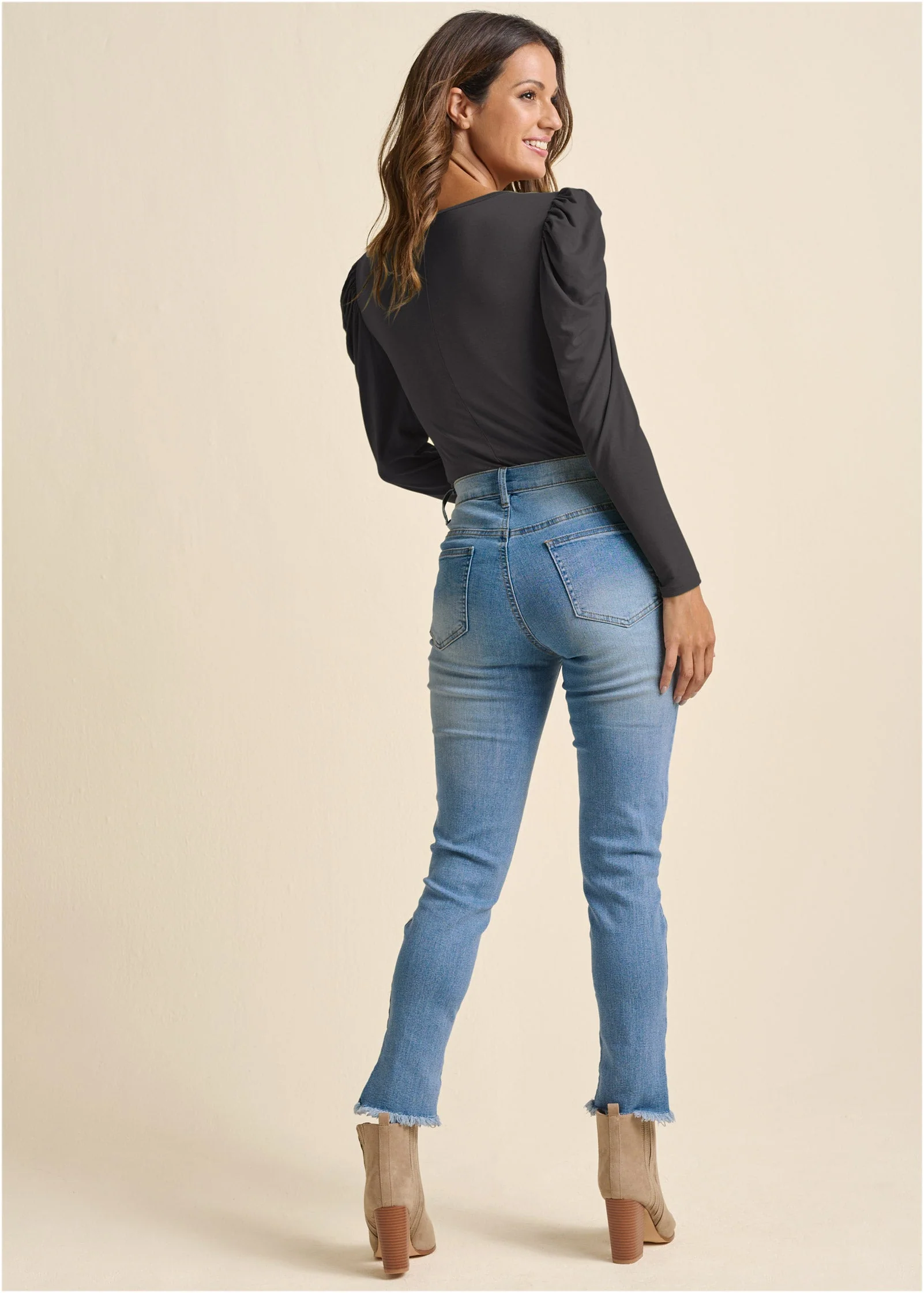 Puff Shoulder Long Sleeve Top - Black - Image 3